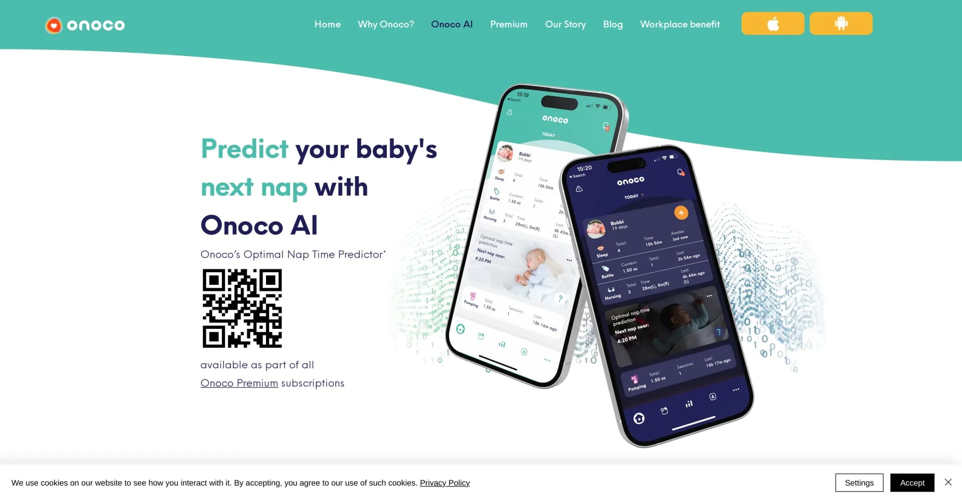Onoco AI homepage screenshot — Predict your baby's optimal nap times