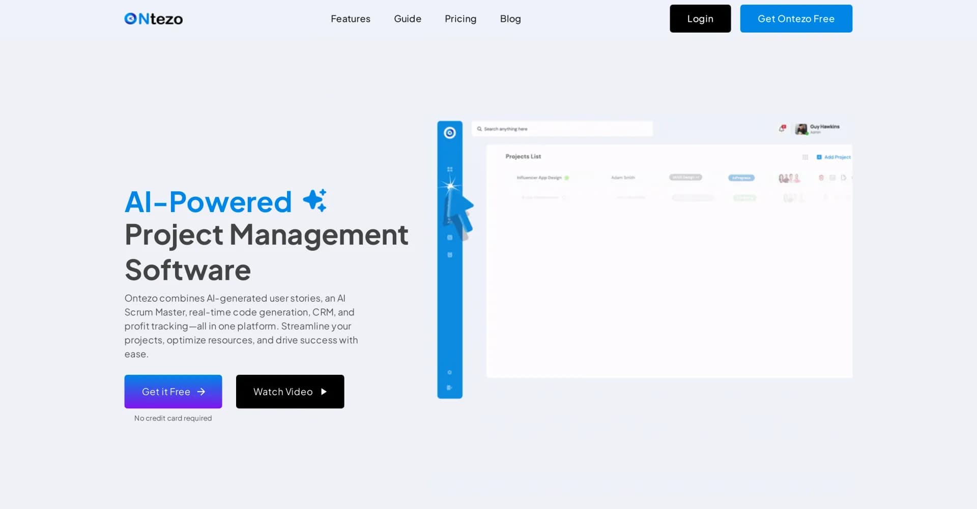 Ontezo homepage screenshot — AI-powered project management made simple