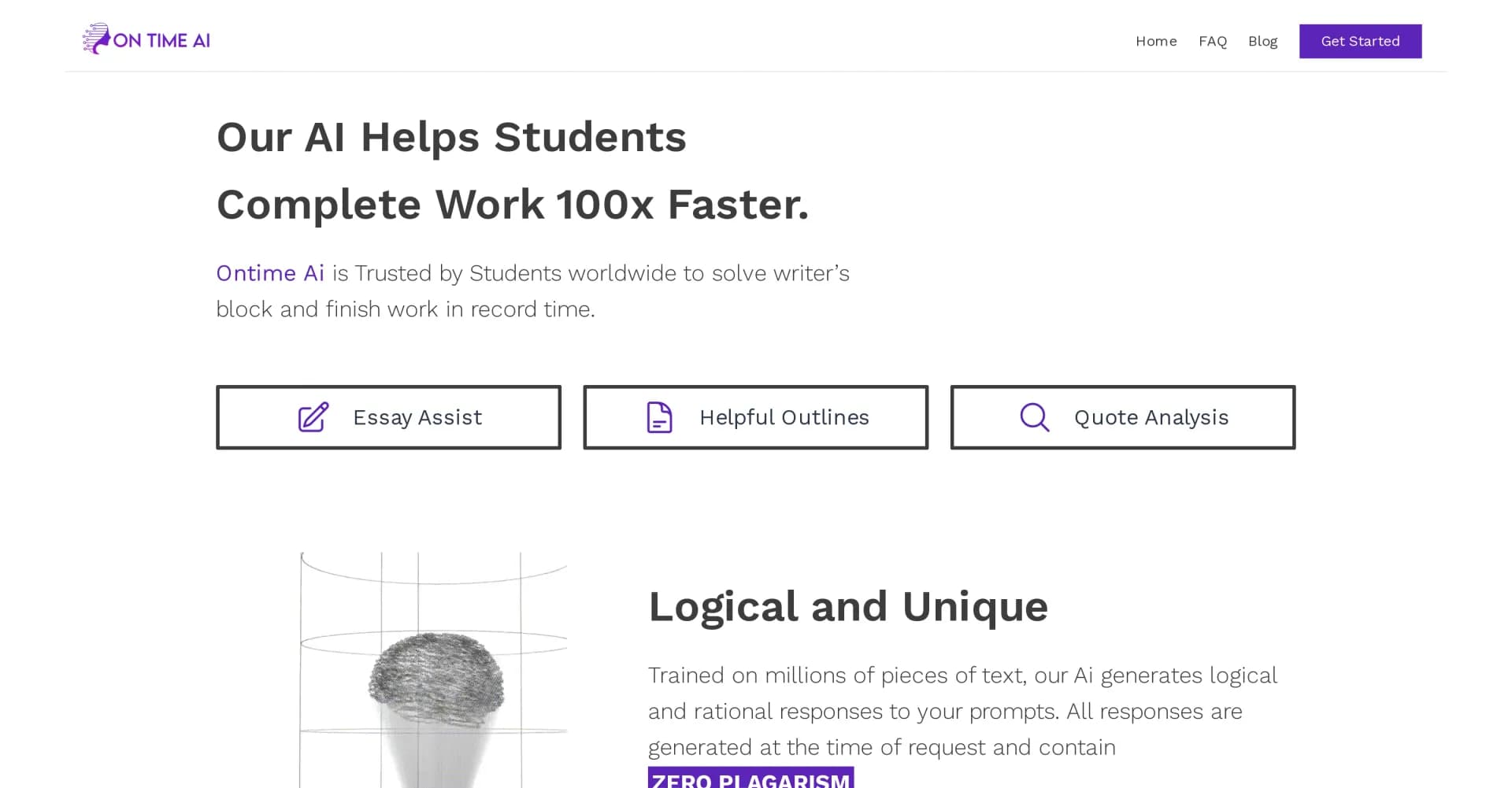 OnTimeAi homepage screenshot — AI that helps students complete homework faster and better.