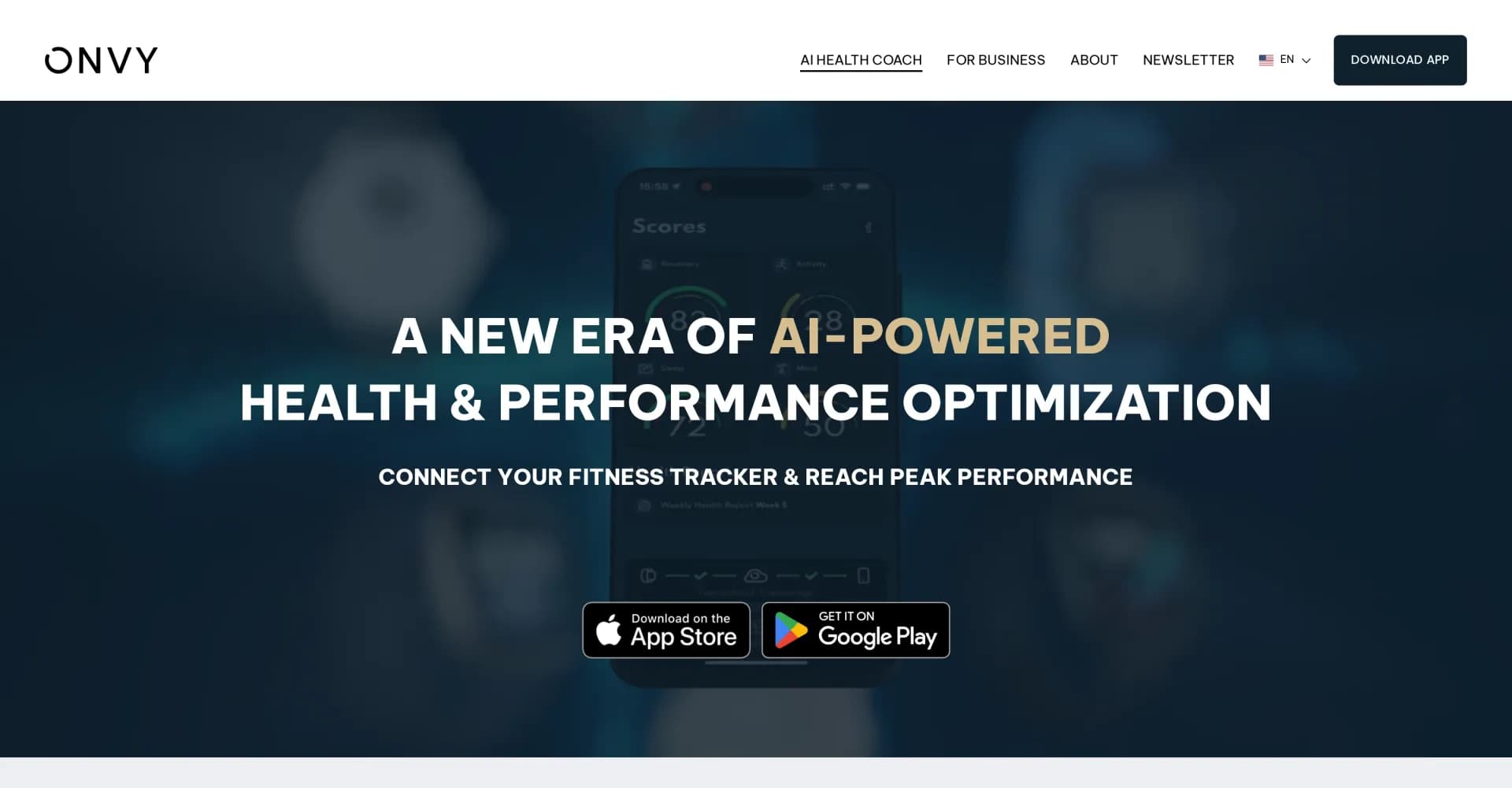ONVY homepage screenshot — AI-powered health and performance optimization