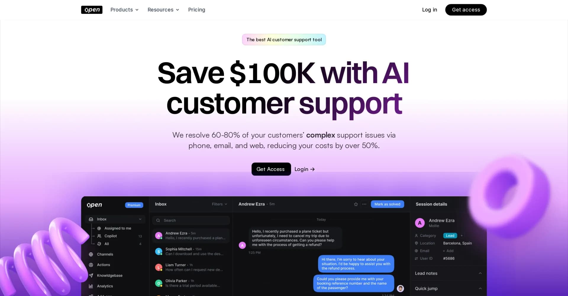 Open CX homepage screenshot — Supercharge support with AI: Solve 80% of queries instantly.