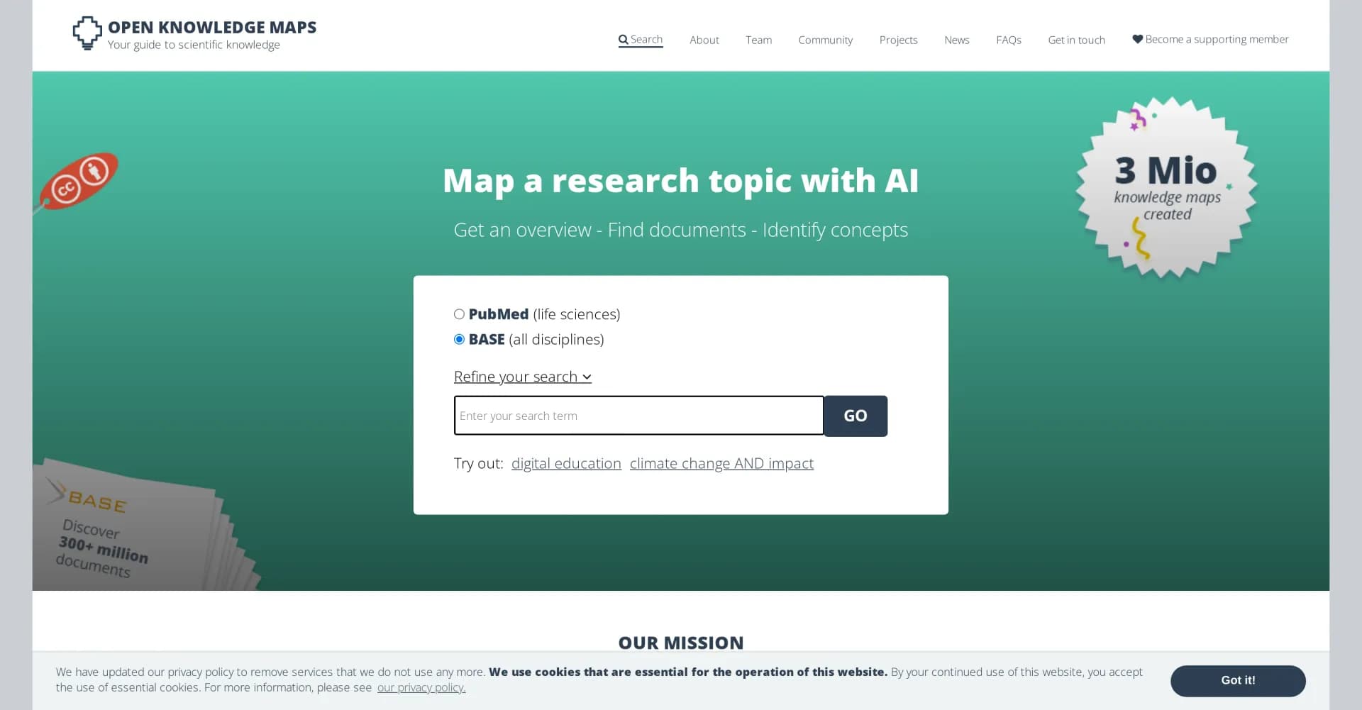 Open Knowledge Maps homepage screenshot — Visualize research topics and discover scientific knowledge.