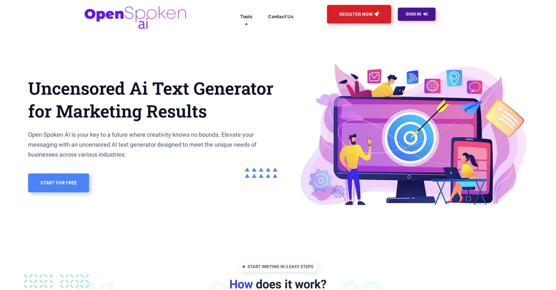 Open Spoken AI homepage screenshot — Unleash creativity with unrestricted AI text generation.