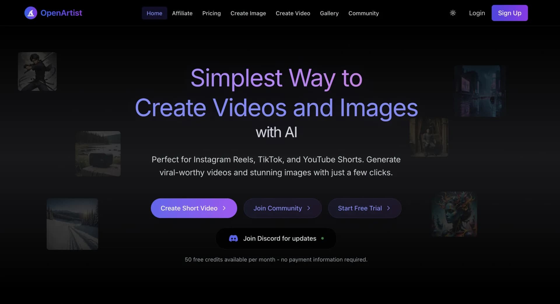 OpenArtist homepage screenshot — Create AI visuals easily—no skills, all tools in one place