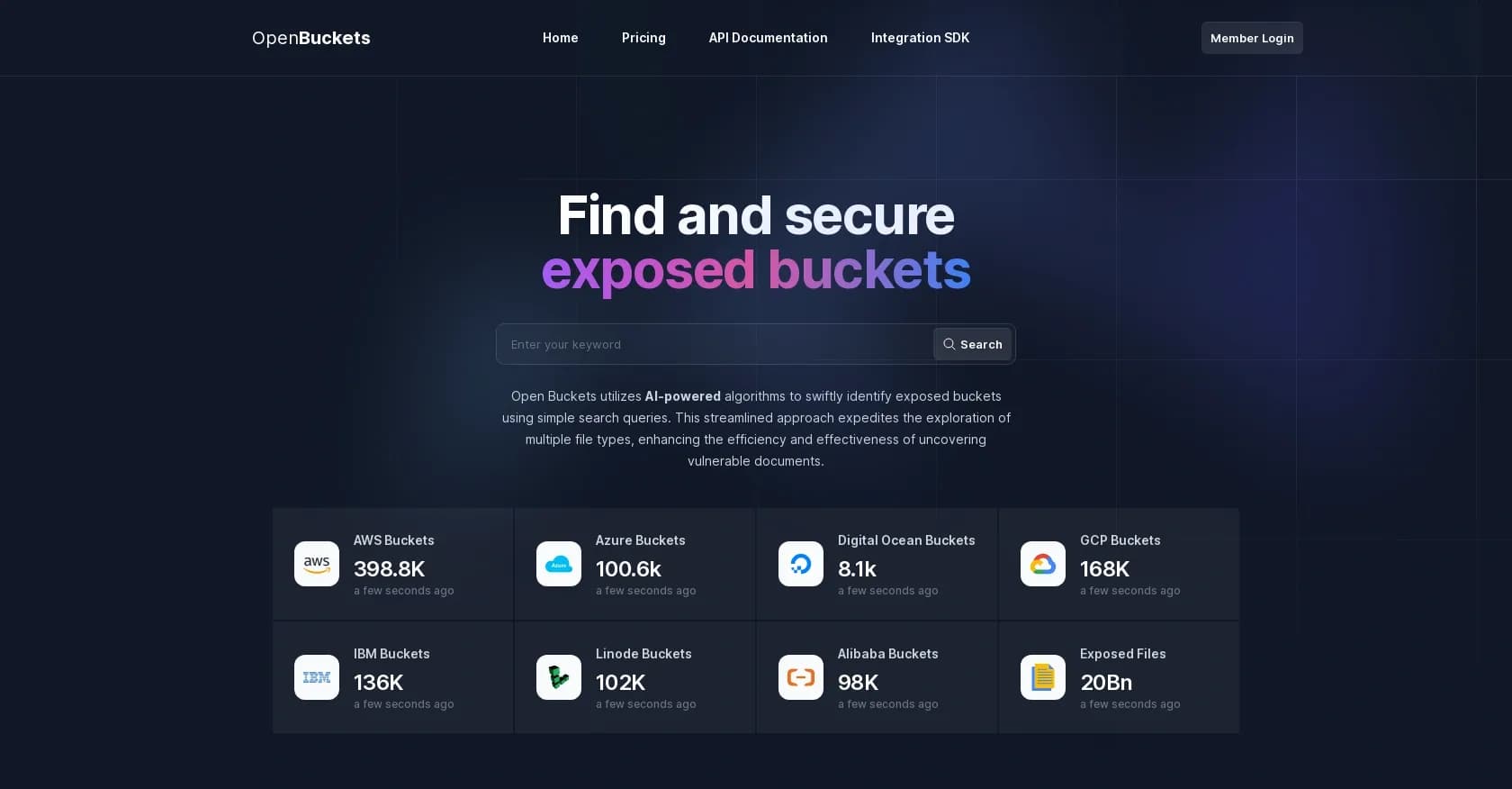 OpenBuckets homepage screenshot — Storage security analysis and vulnerability detection.
