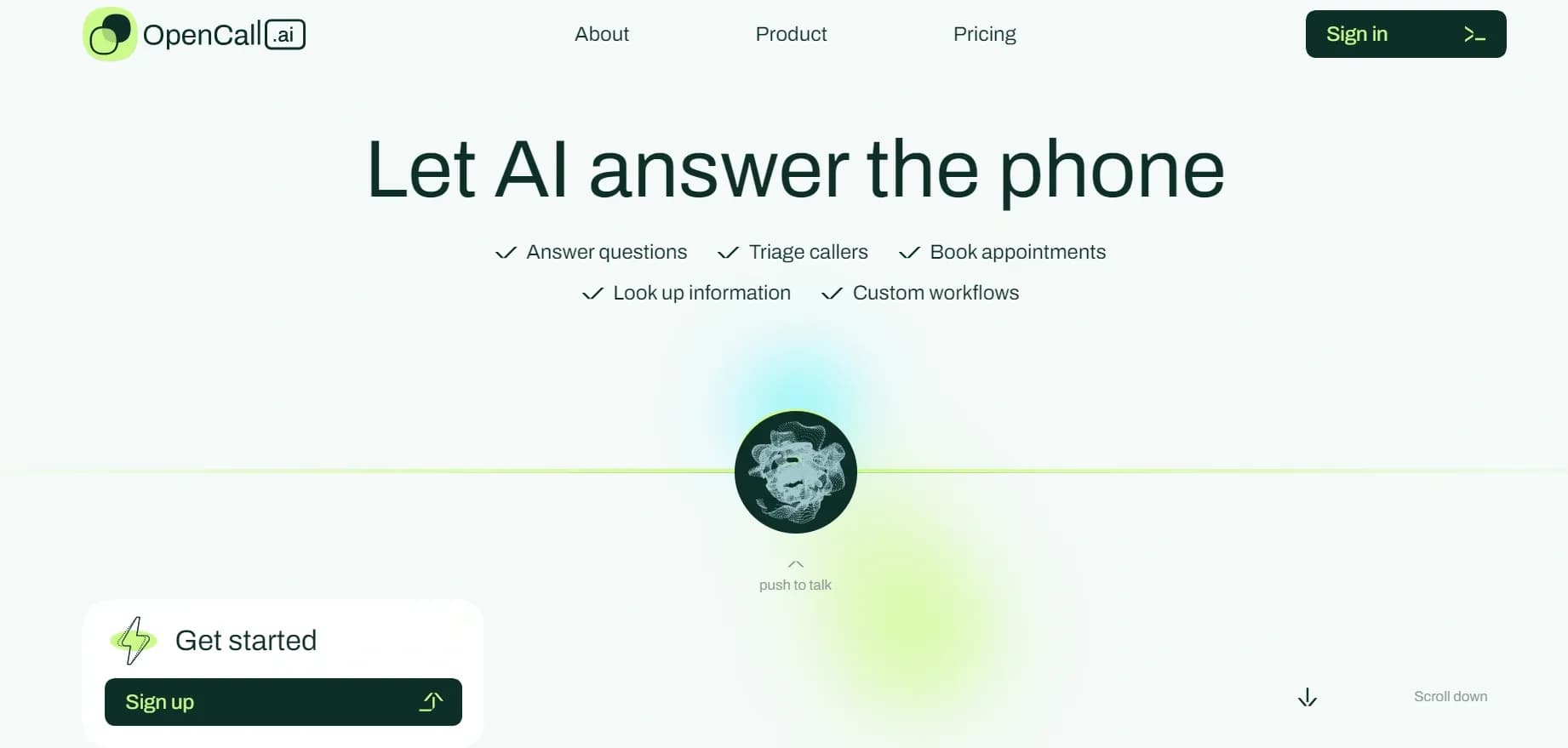 OpenCall homepage screenshot — Let AI answer your calls and handle customer service.