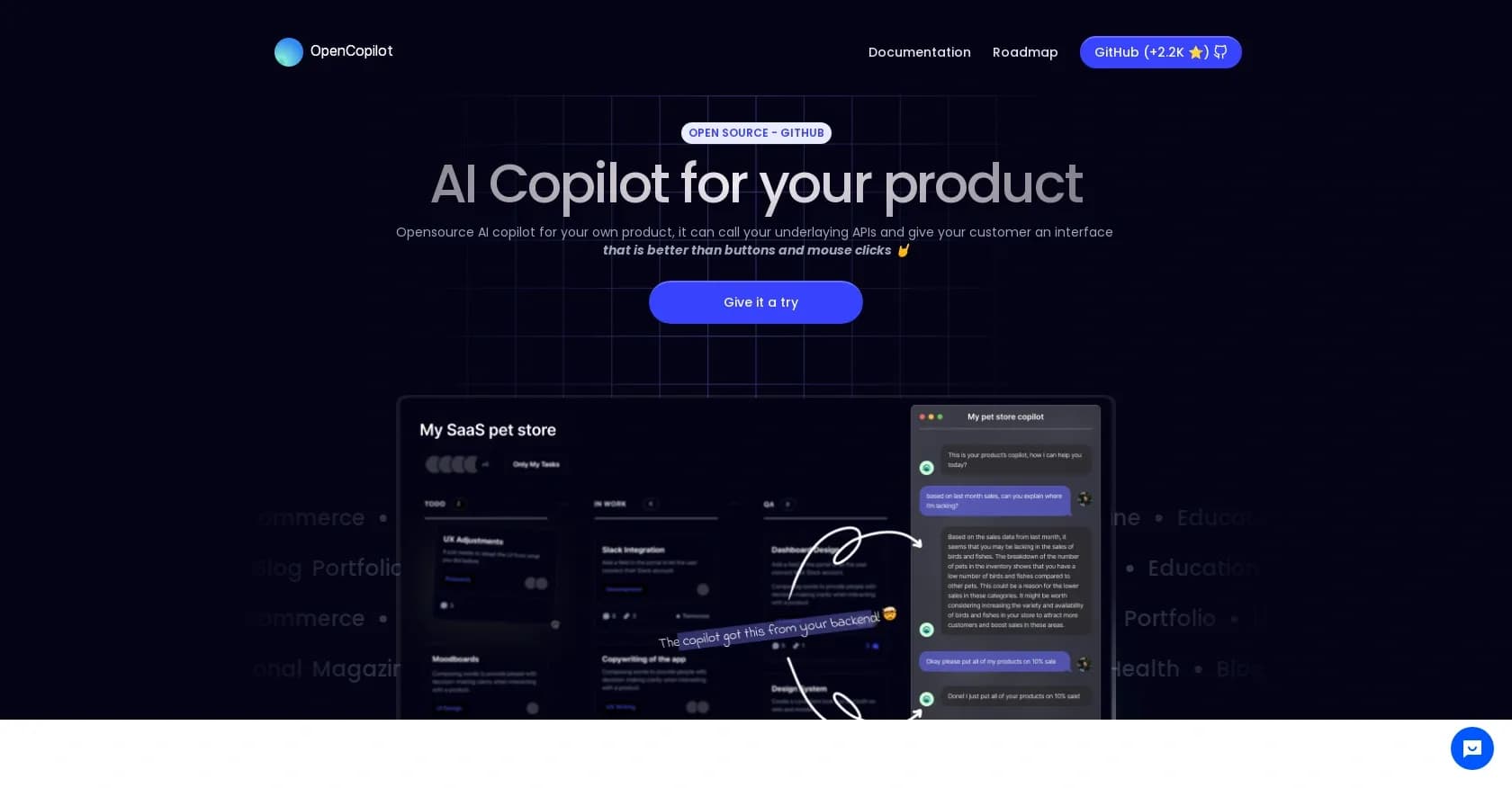 OpenCopilot homepage screenshot — Build AI copilot for your SaaS product