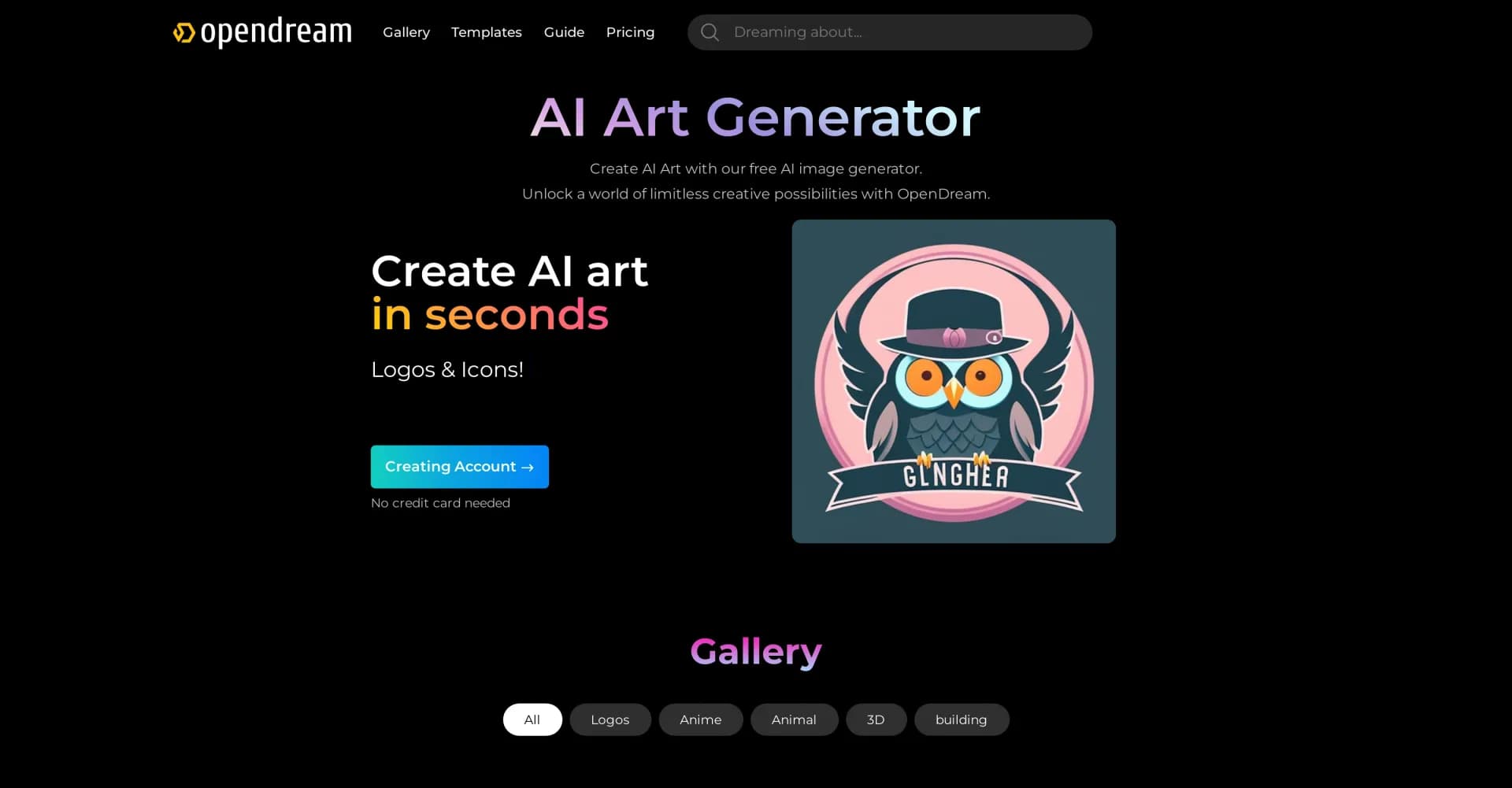 OpenDream homepage screenshot — Create original AI art in seconds