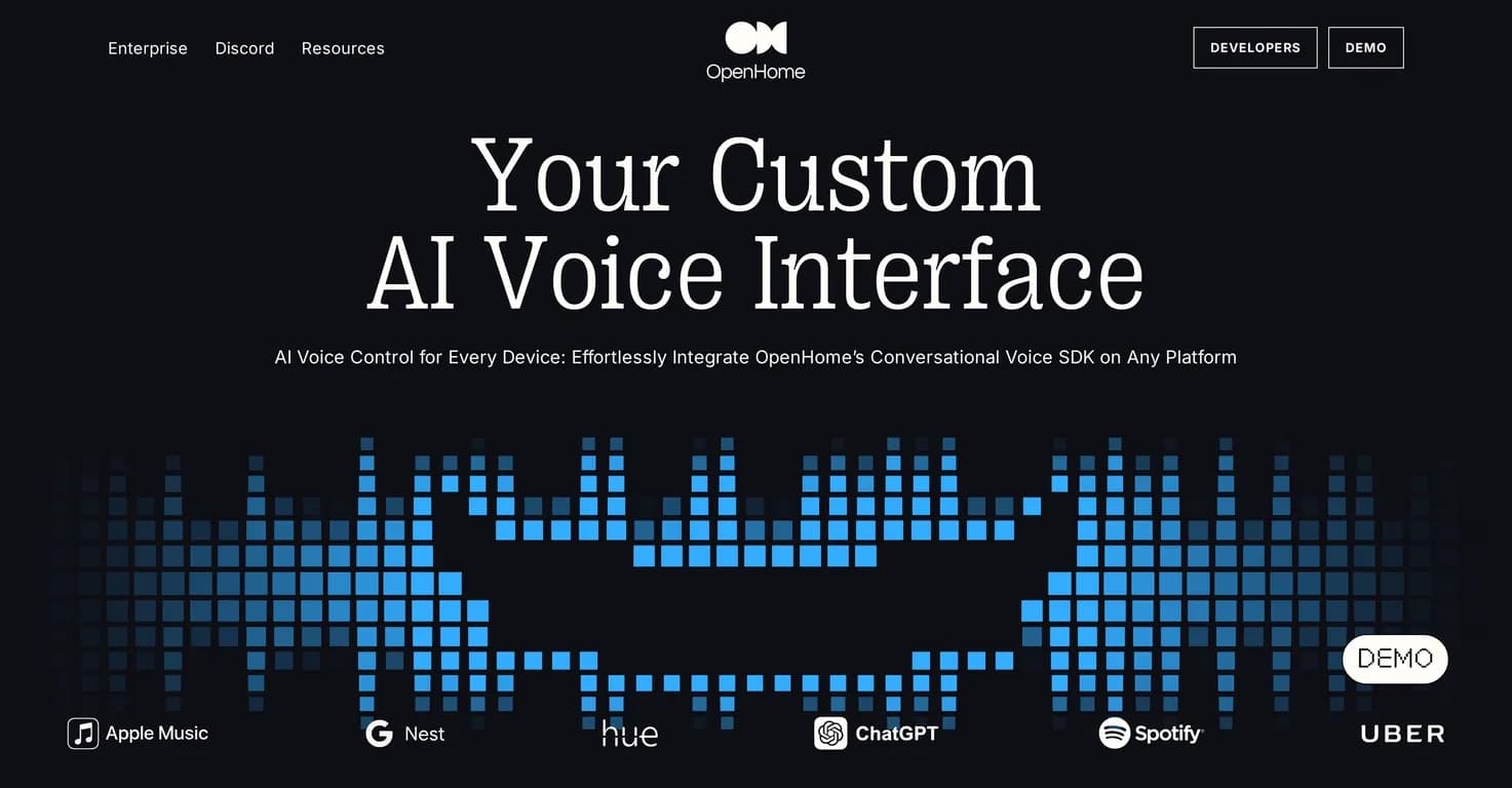 OpenHome homepage screenshot — Voice AI, everywhere: effortless integration for any device