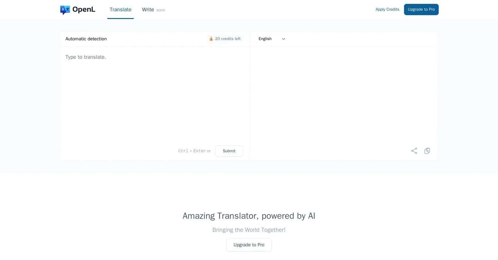 OpenL homepage screenshot — Amazing translator, powered by AI
