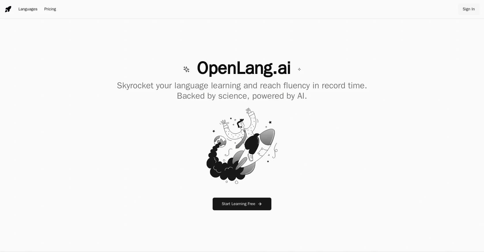Openlang homepage screenshot — Skyrocket language learning with AI-powered fluency