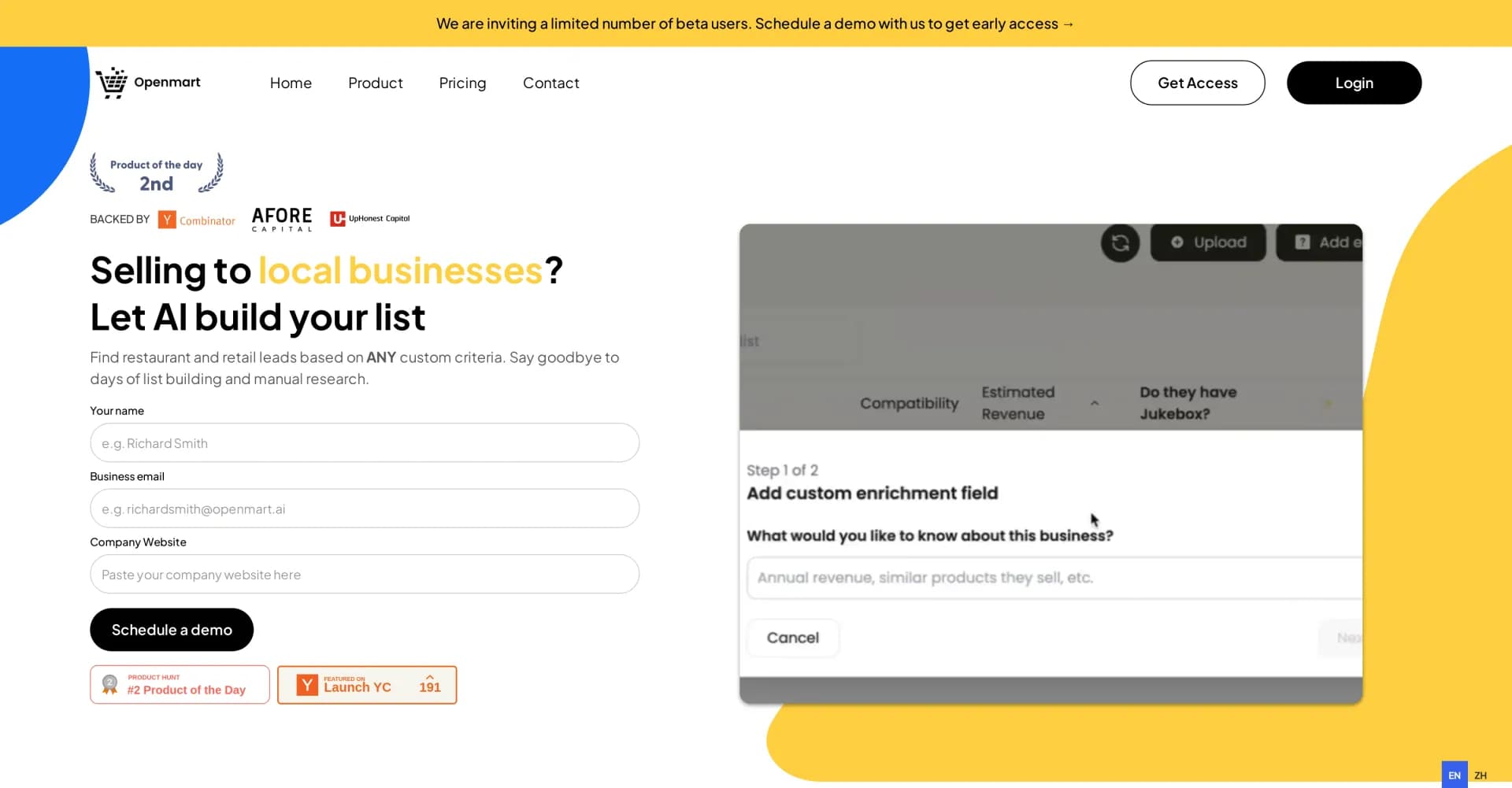 Openmart homepage screenshot — Find hyper-compatible SMB leads in seconds.
