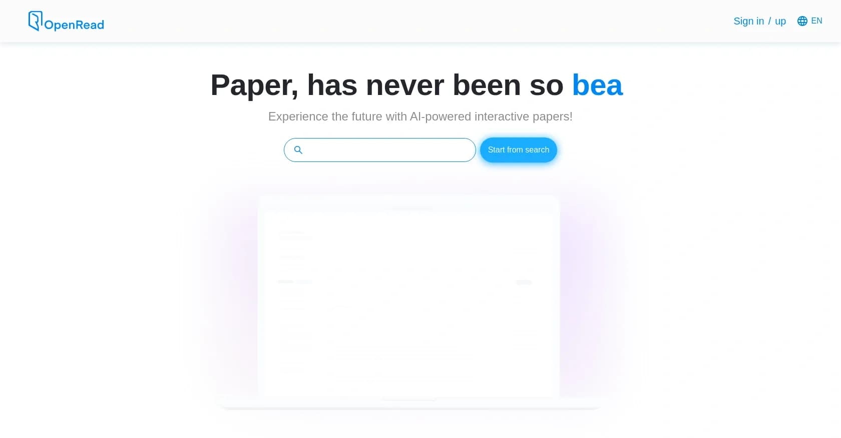 OpenRead homepage screenshot — AI-powered interactive papers for faster, intuitive research
