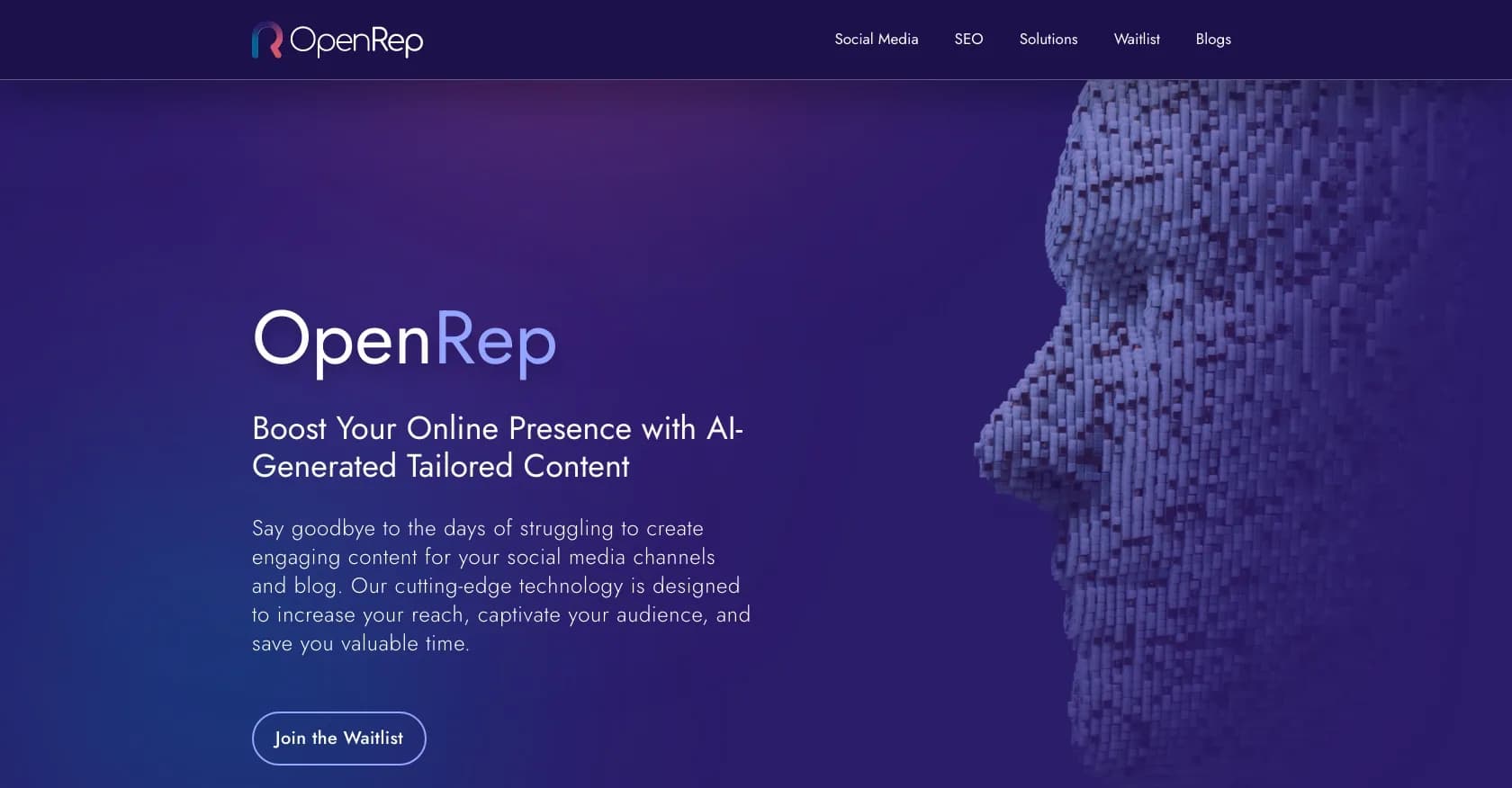 OpenRep homepage screenshot — Generate, schedule, optimize social media content & SEO.