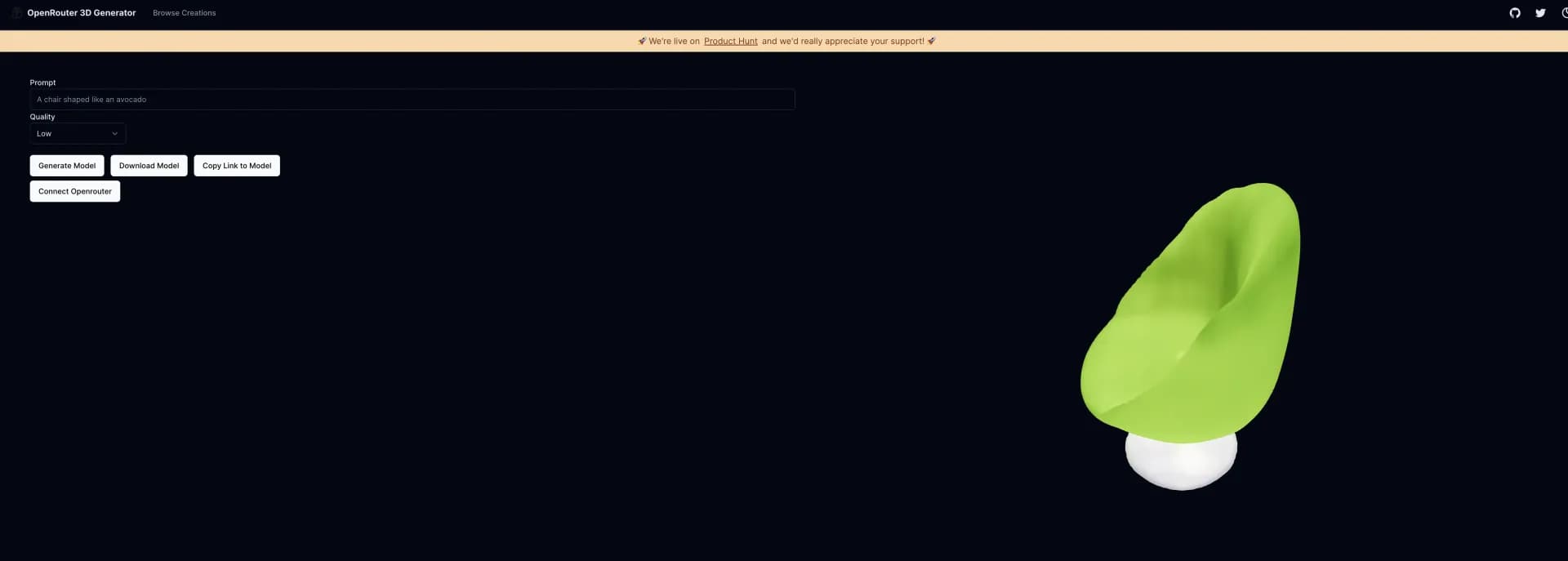 OpenRouter 3D Generator homepage screenshot — Generate 3D assets with AI instantly.