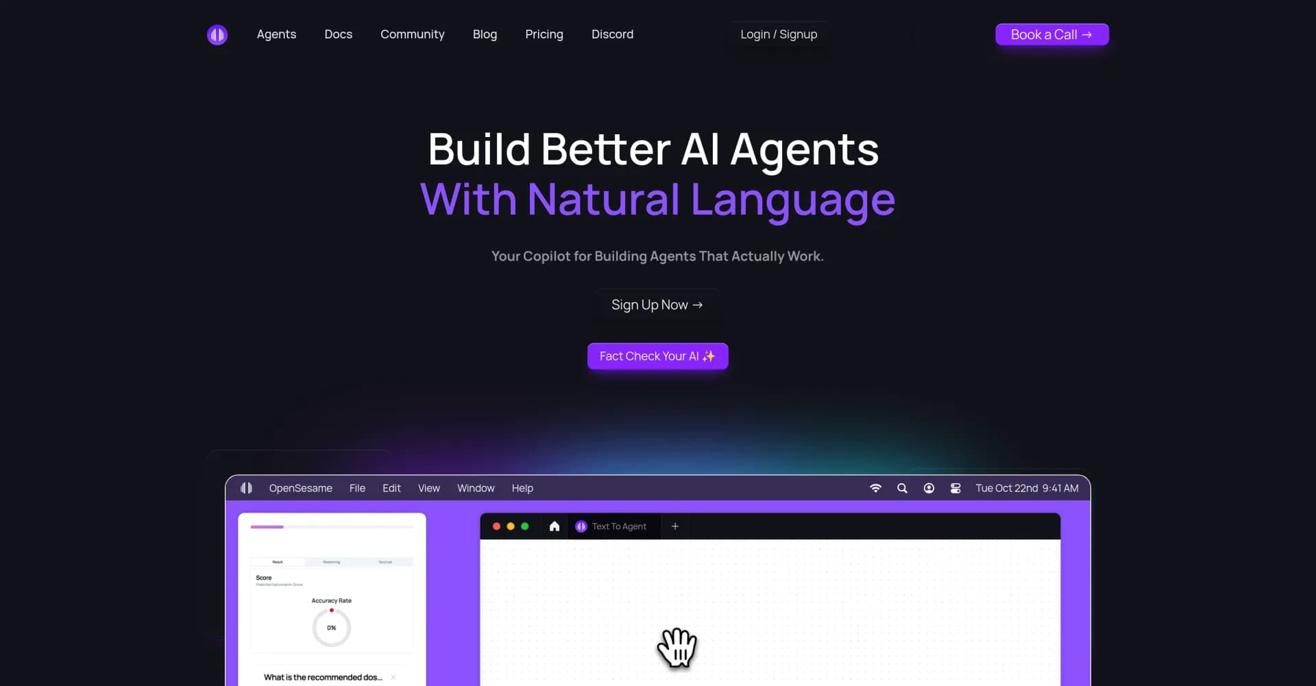 OpenSesame homepage screenshot — Build and evaluate AI agents effortlessly