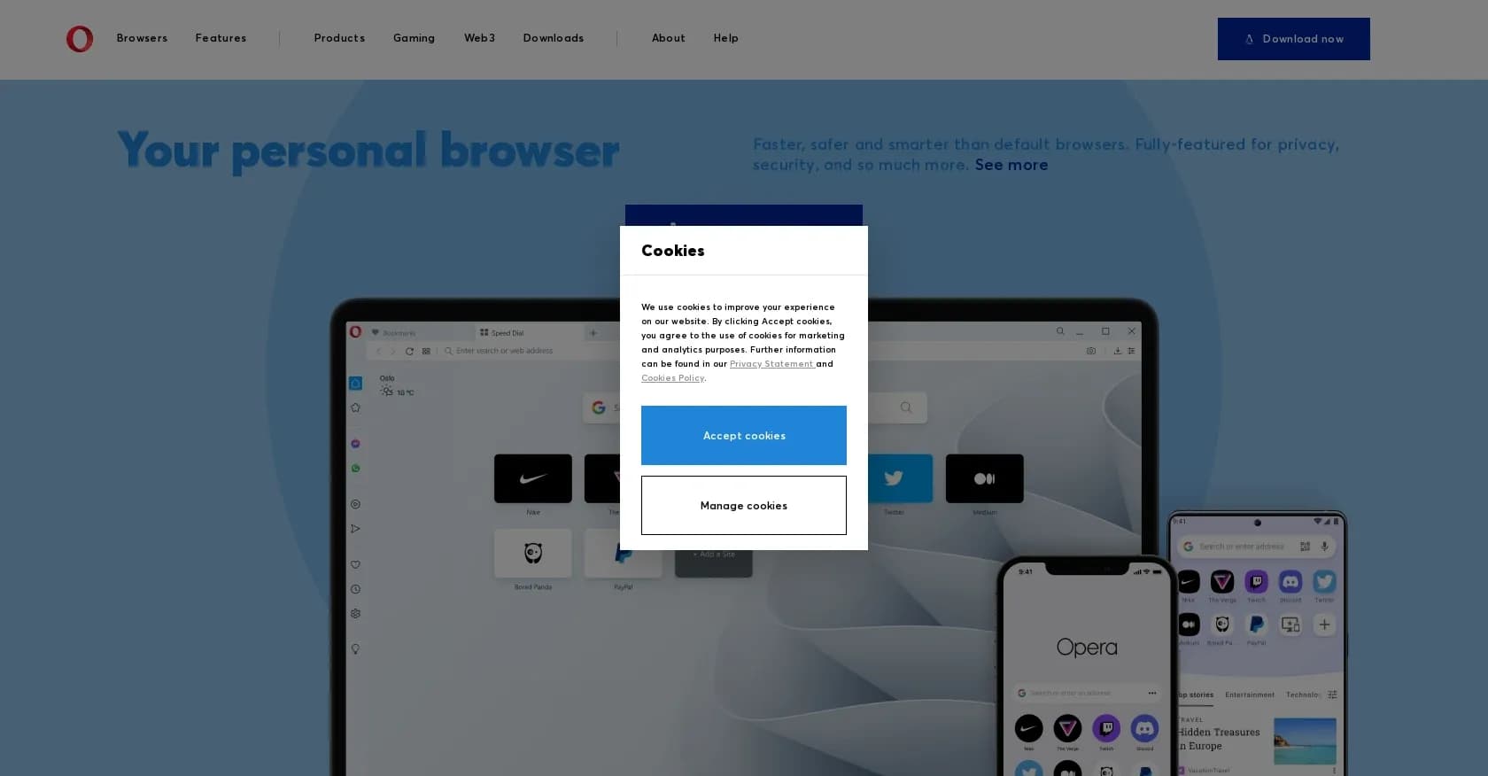 Opera AI Prompts homepage screenshot — Your faster, smarter, safer web companion