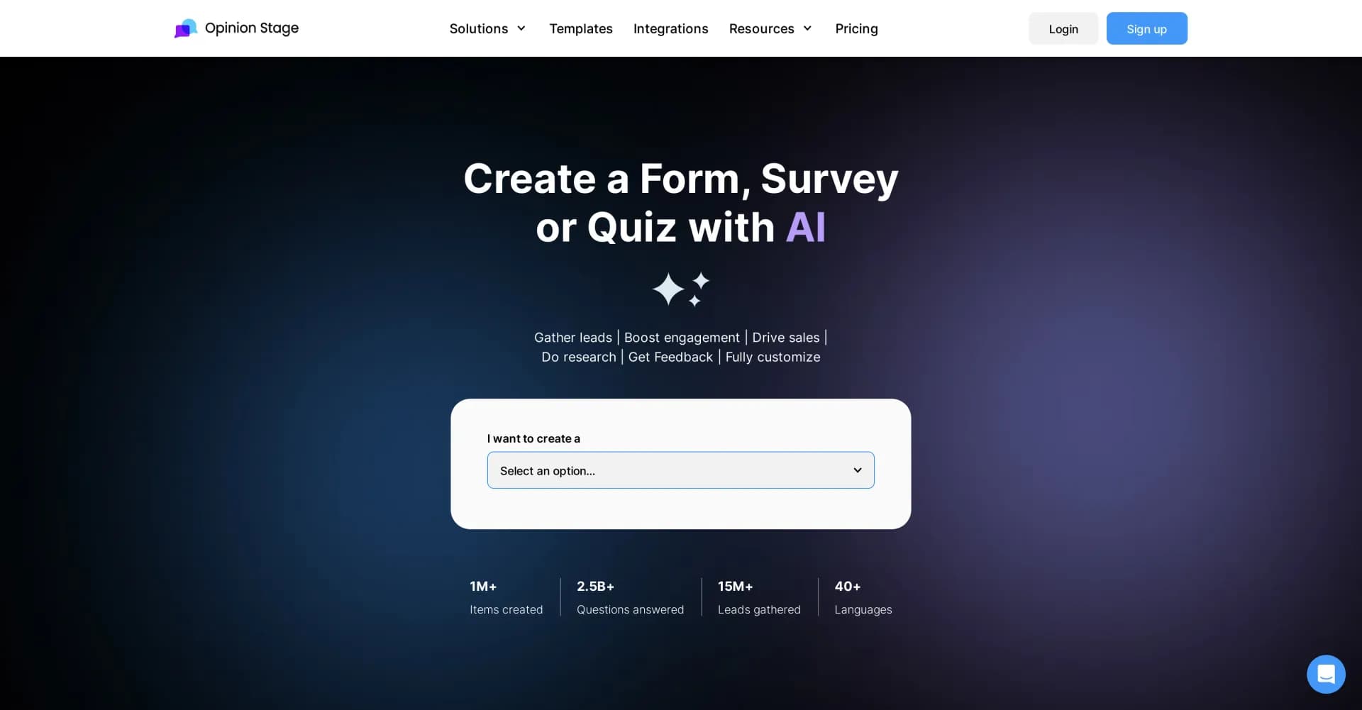 OpinionStage homepage screenshot — AI-powered form, survey, and quiz creation.