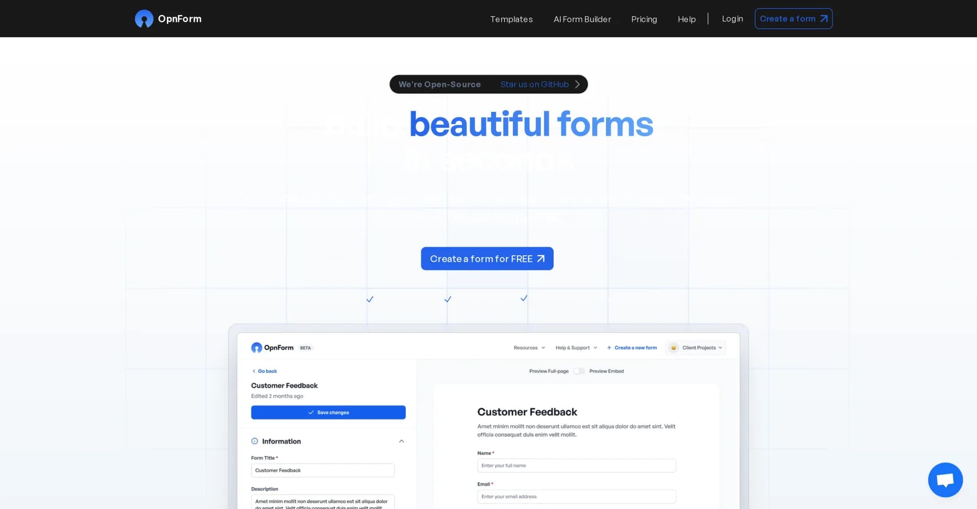OpnForm homepage screenshot — Create beautiful forms in seconds