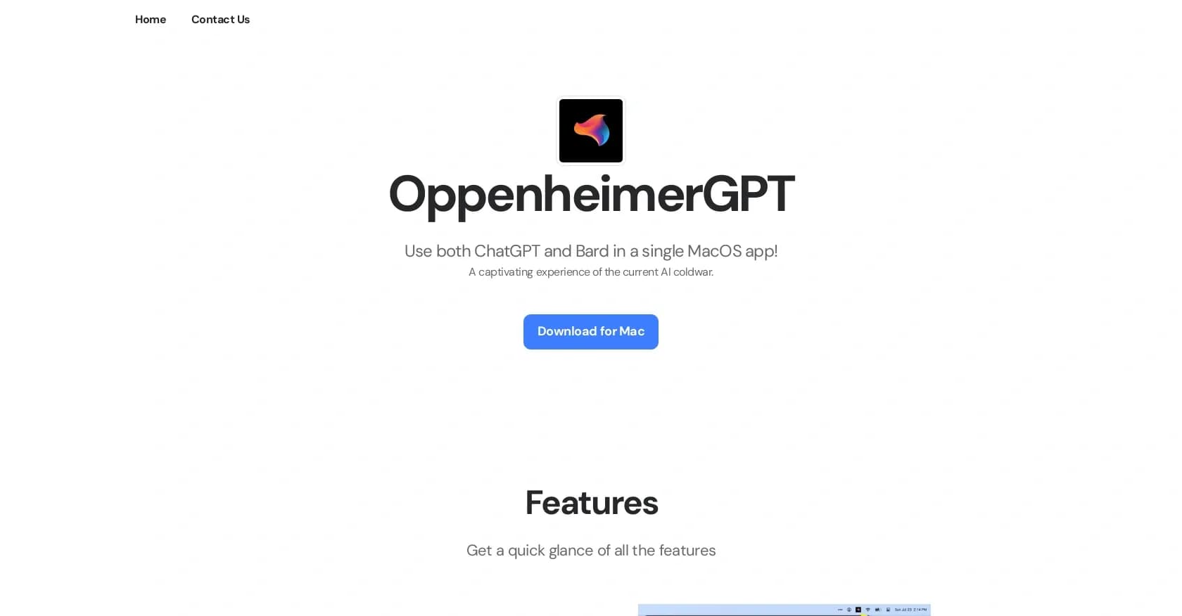 OppenheimerGPT homepage screenshot — Use ChatGPT and Bard in one MacOS app.