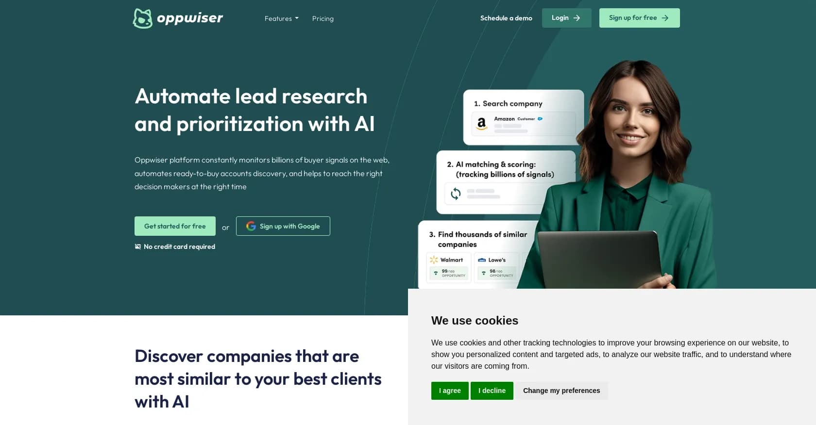 Oppwiser homepage screenshot — Automate lead research with AI-powered buyer signals.