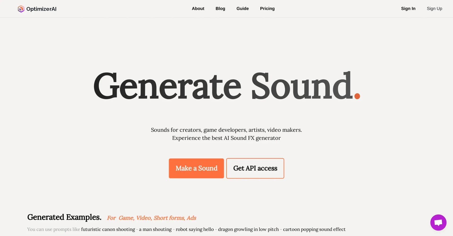OptimizerAI homepage screenshot — Generate unlimited AI sound effects for creators