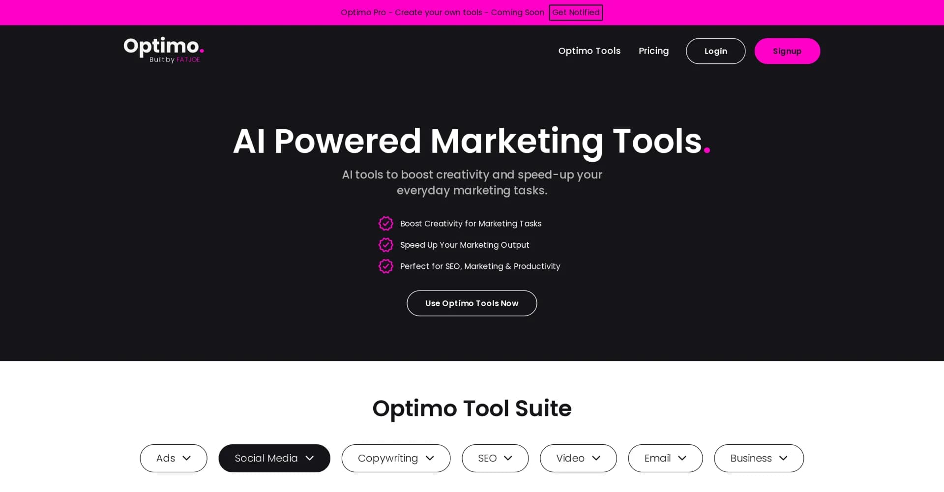 Optimo homepage screenshot — AI-powered marketing tools for instant results.