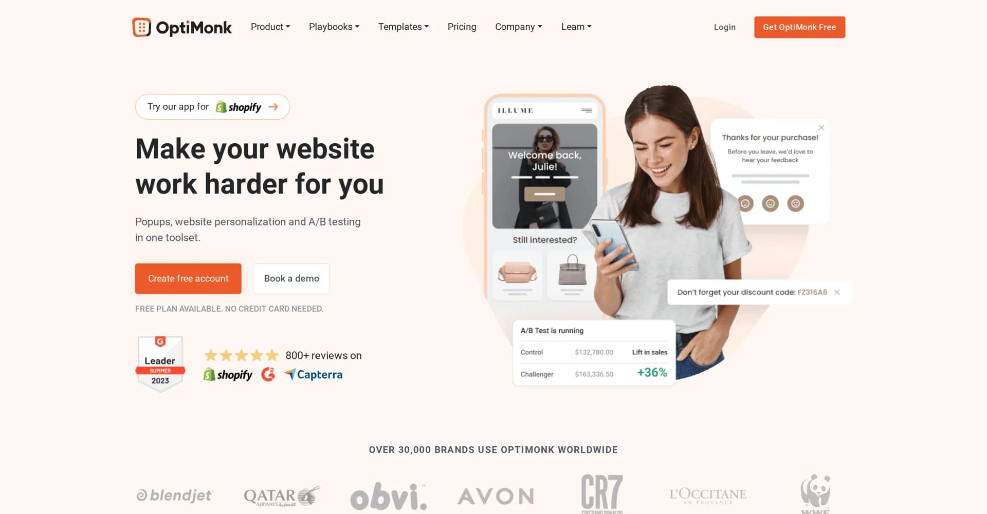 OptiMonk homepage screenshot — Boost conversions with personalized popups and A/B testing.