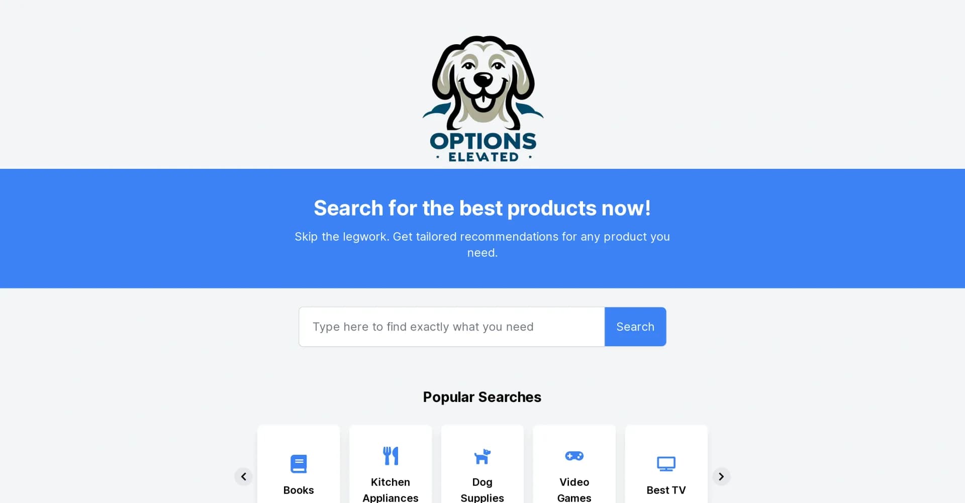 Options Elevated homepage screenshot — Get tailored product recommendations effortlessly