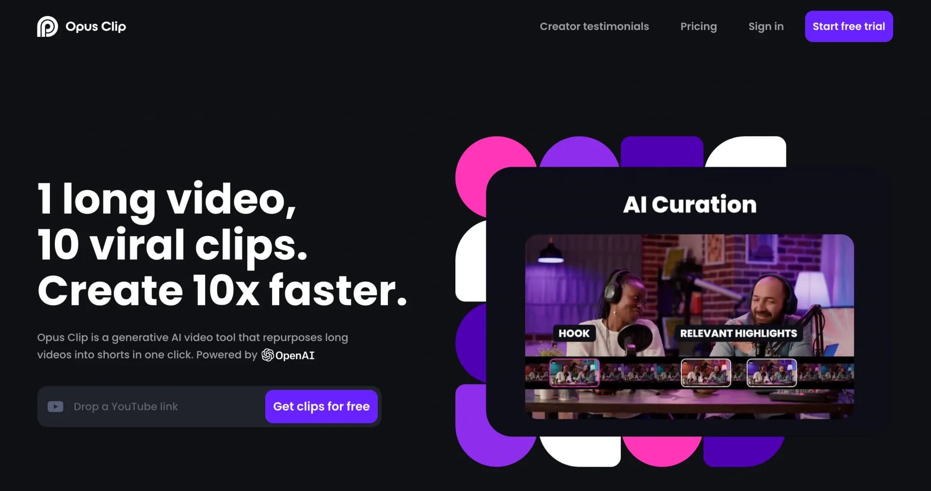 Opus Clip homepage screenshot — AI-powered livestream studio for explosive growth