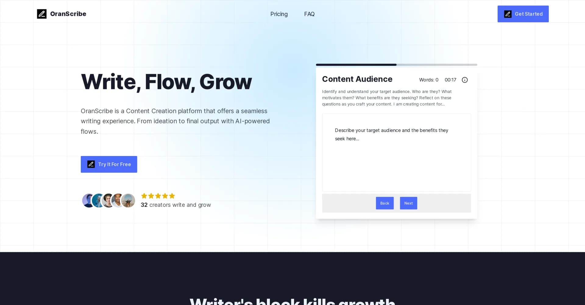 OranScribe homepage screenshot — Supercharge content creation with AI-powered writing flows.