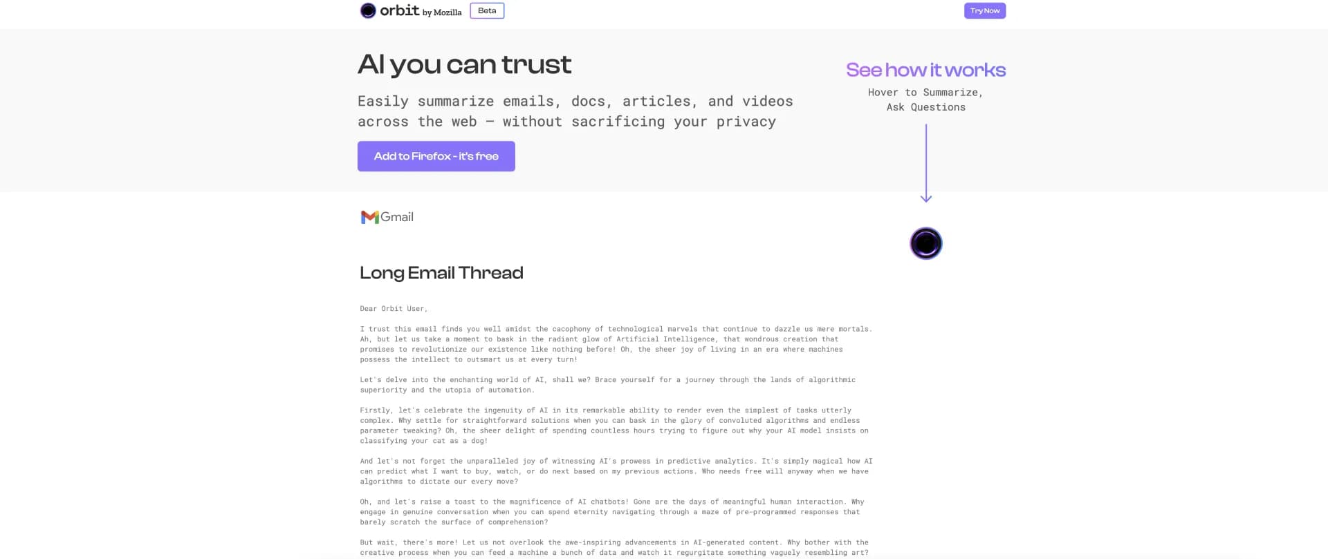 Orbit by Mozilla homepage screenshot — Summarize web content privately with AI