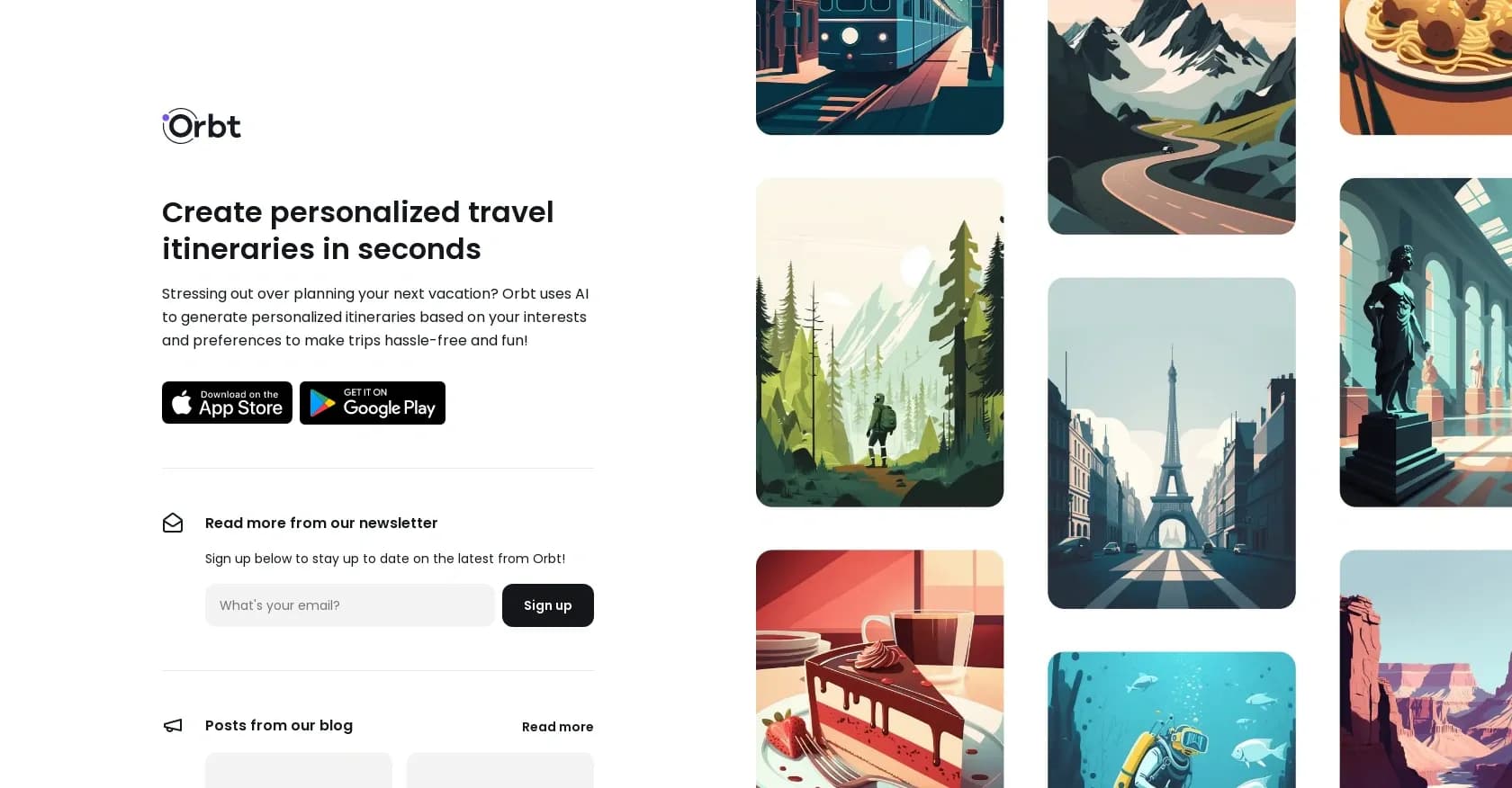 Orbt homepage screenshot — AI-powered personalized travel itineraries in seconds