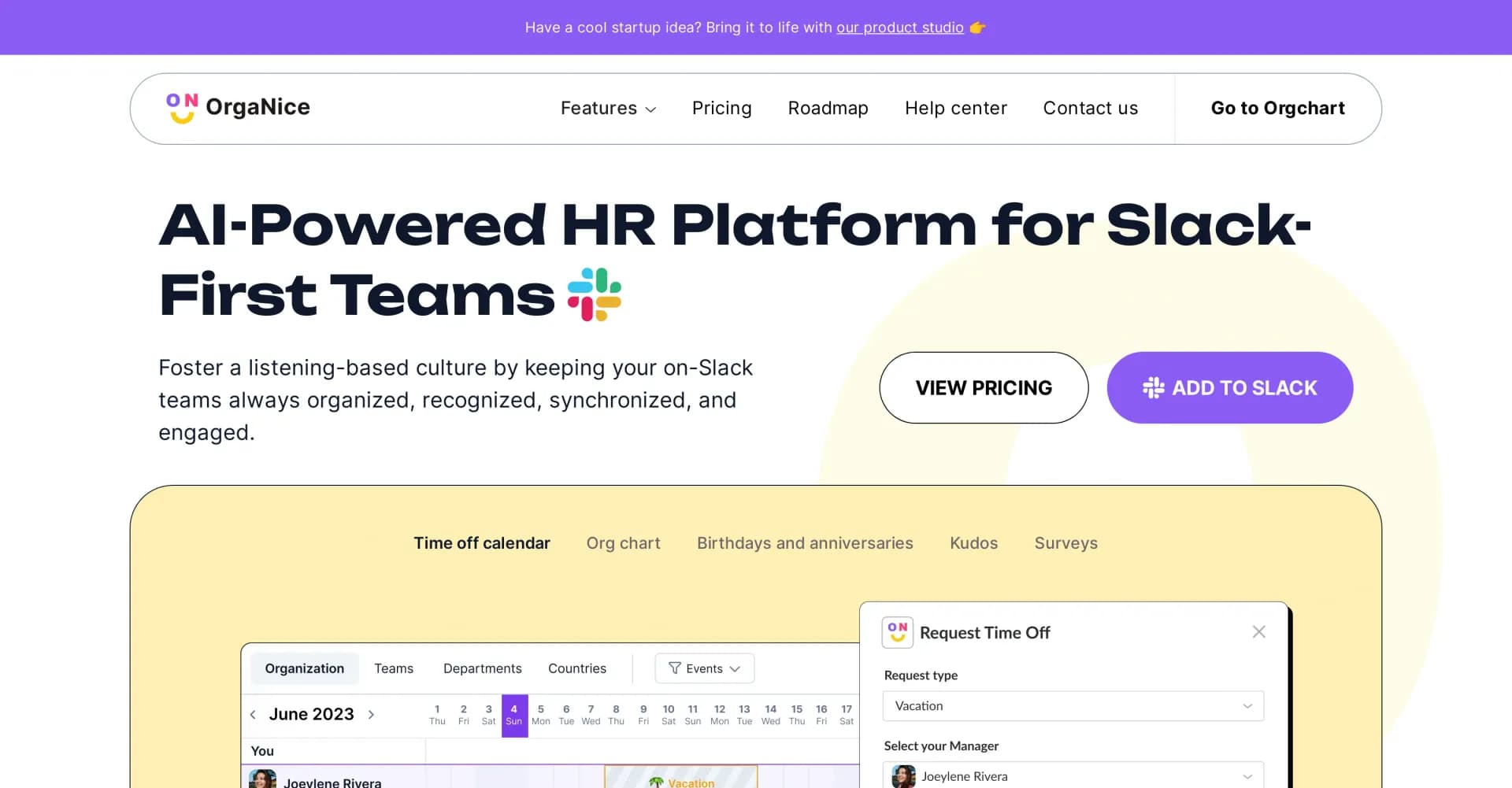 OrgaNice homepage screenshot — AI-powered HR platform for Slack-first teams.