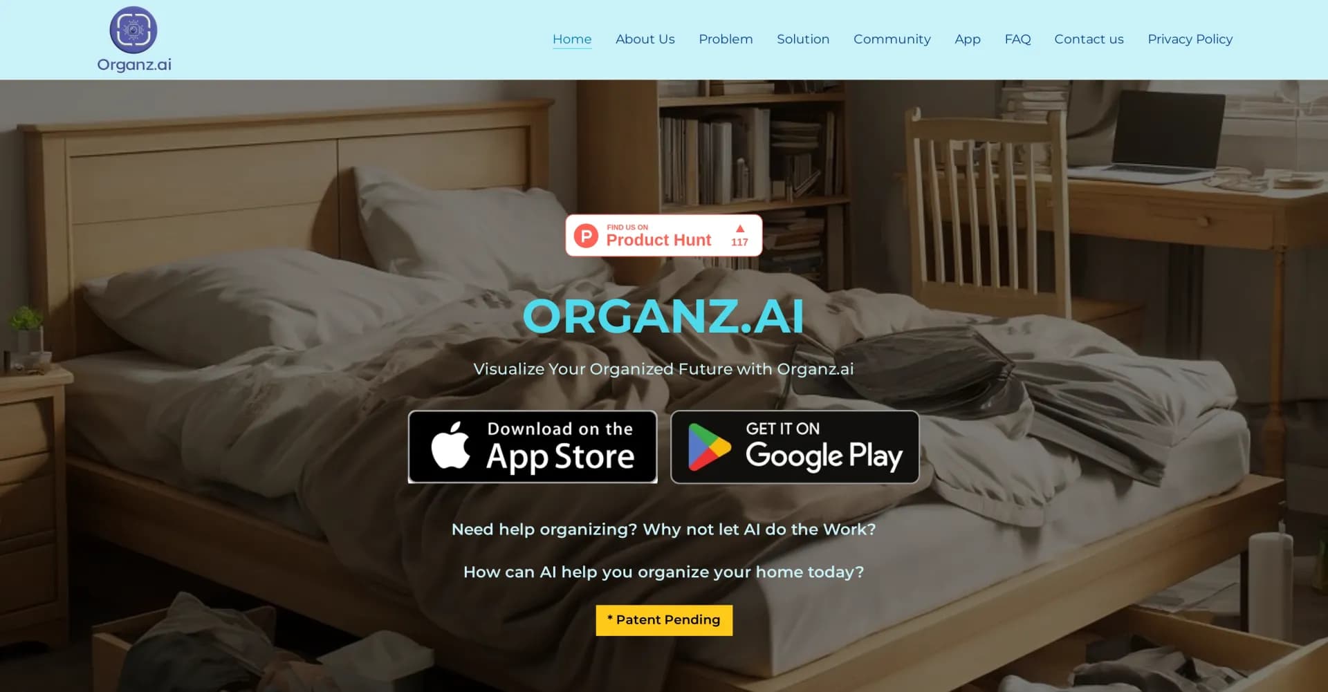 Organz.ai homepage screenshot — Visualize your organized future with AI