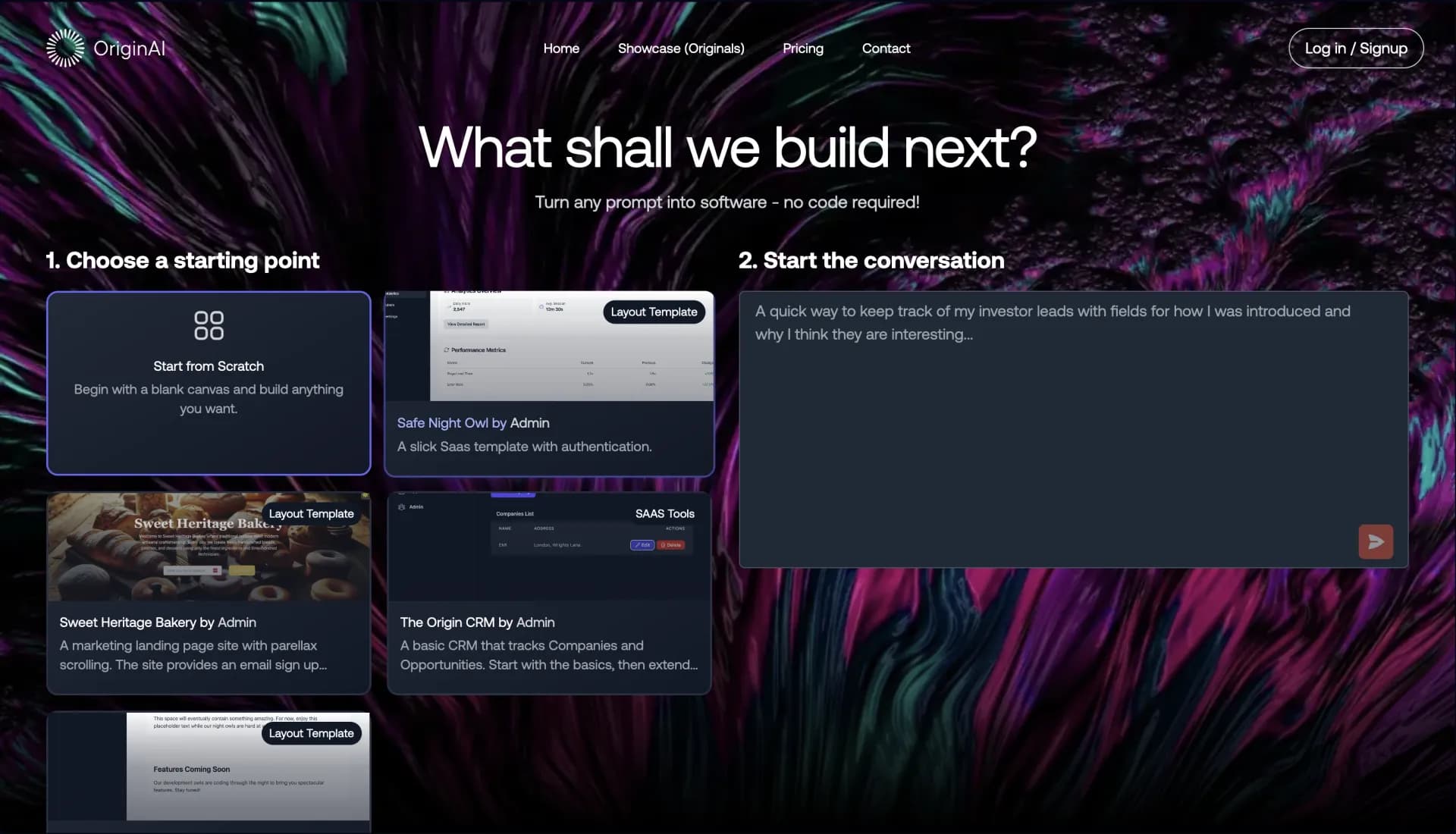 Origin AIv1.1 homepage screenshot — Deploy custom enterprise software without developers.