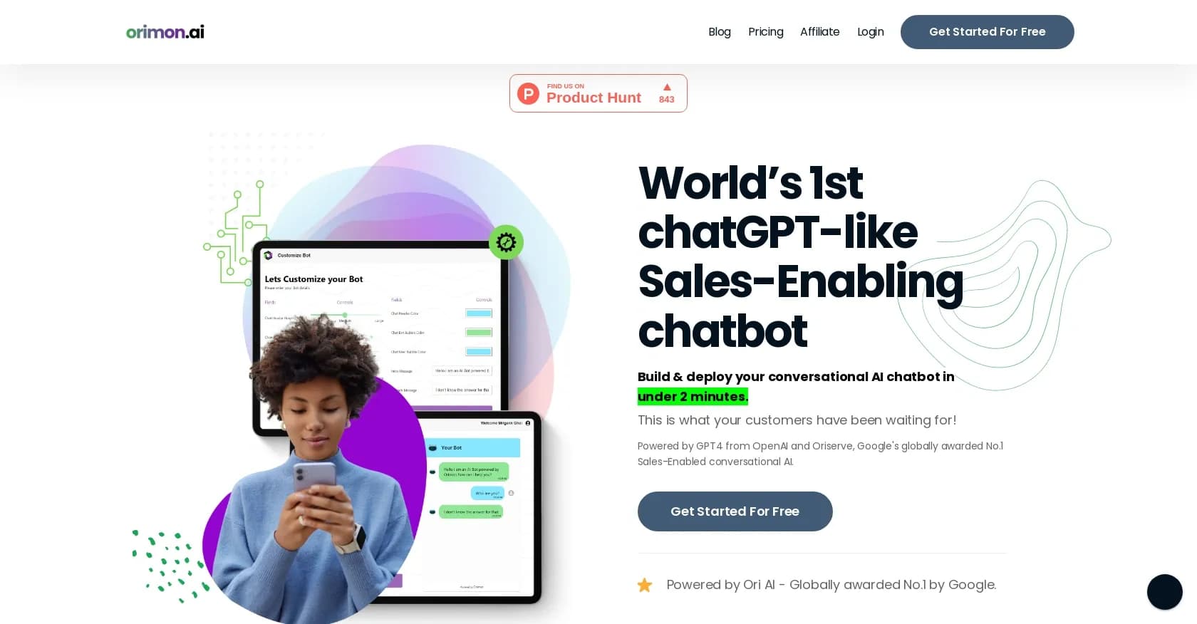 Orimon homepage screenshot — Build AI sales chatbots in minutes