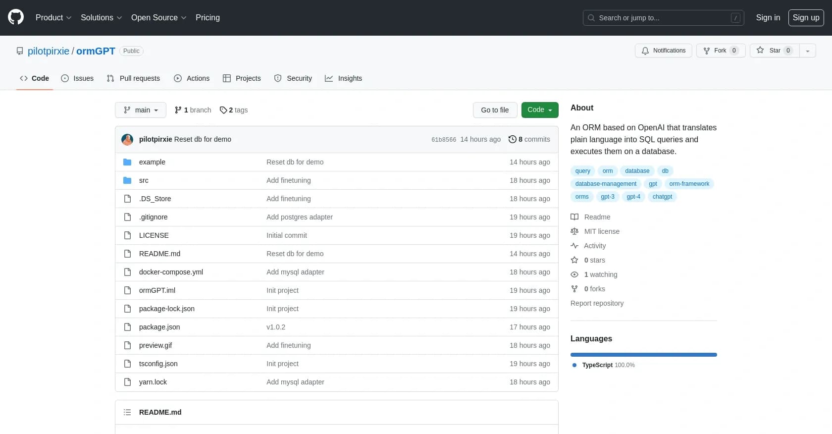 ormGPT homepage screenshot — Turn plain language into SQL queries and database actions.