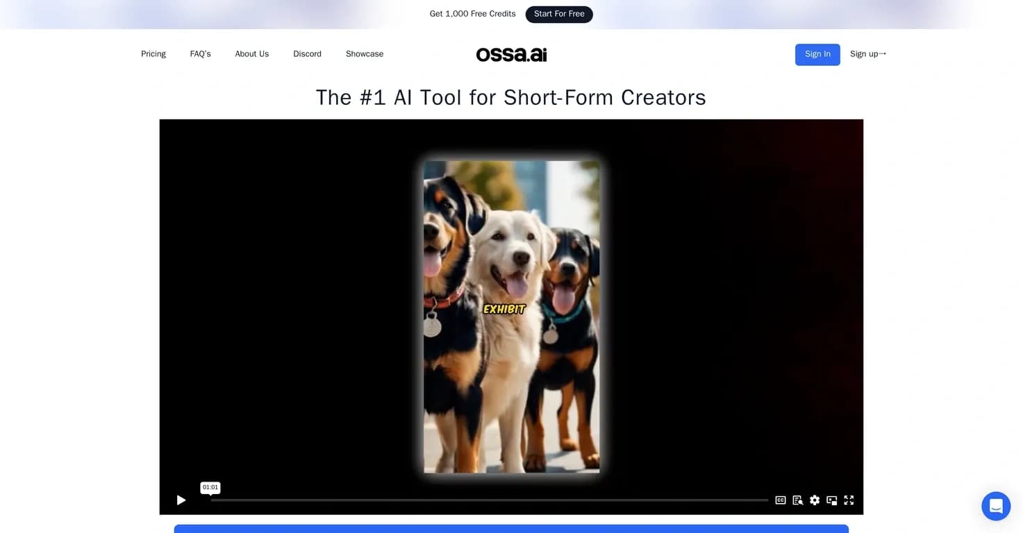 Ossa homepage screenshot — AI-powered short-form content creation for influencers