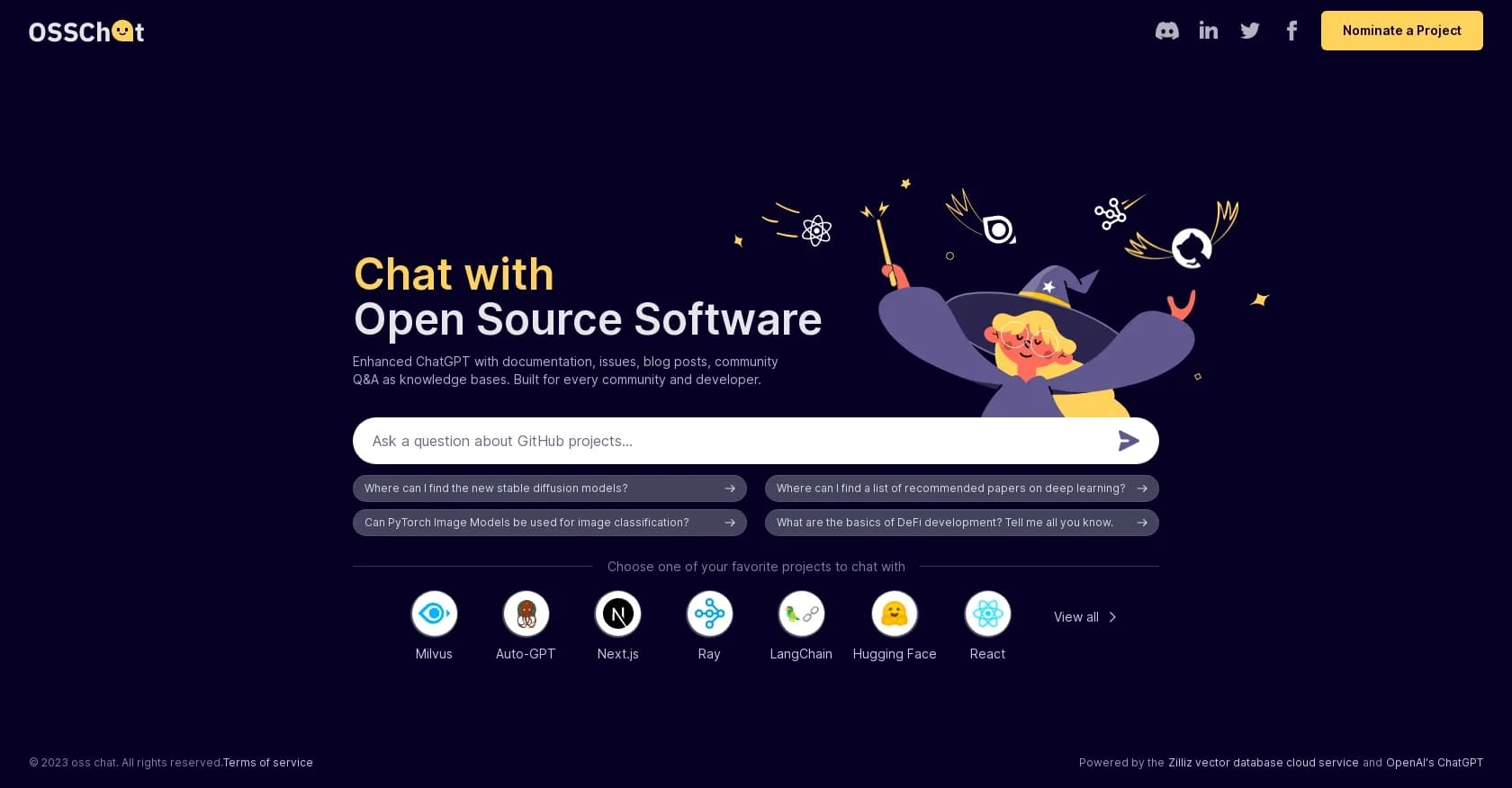 Osschat homepage screenshot — Chat with open-source software using AI-enhanced knowledge b