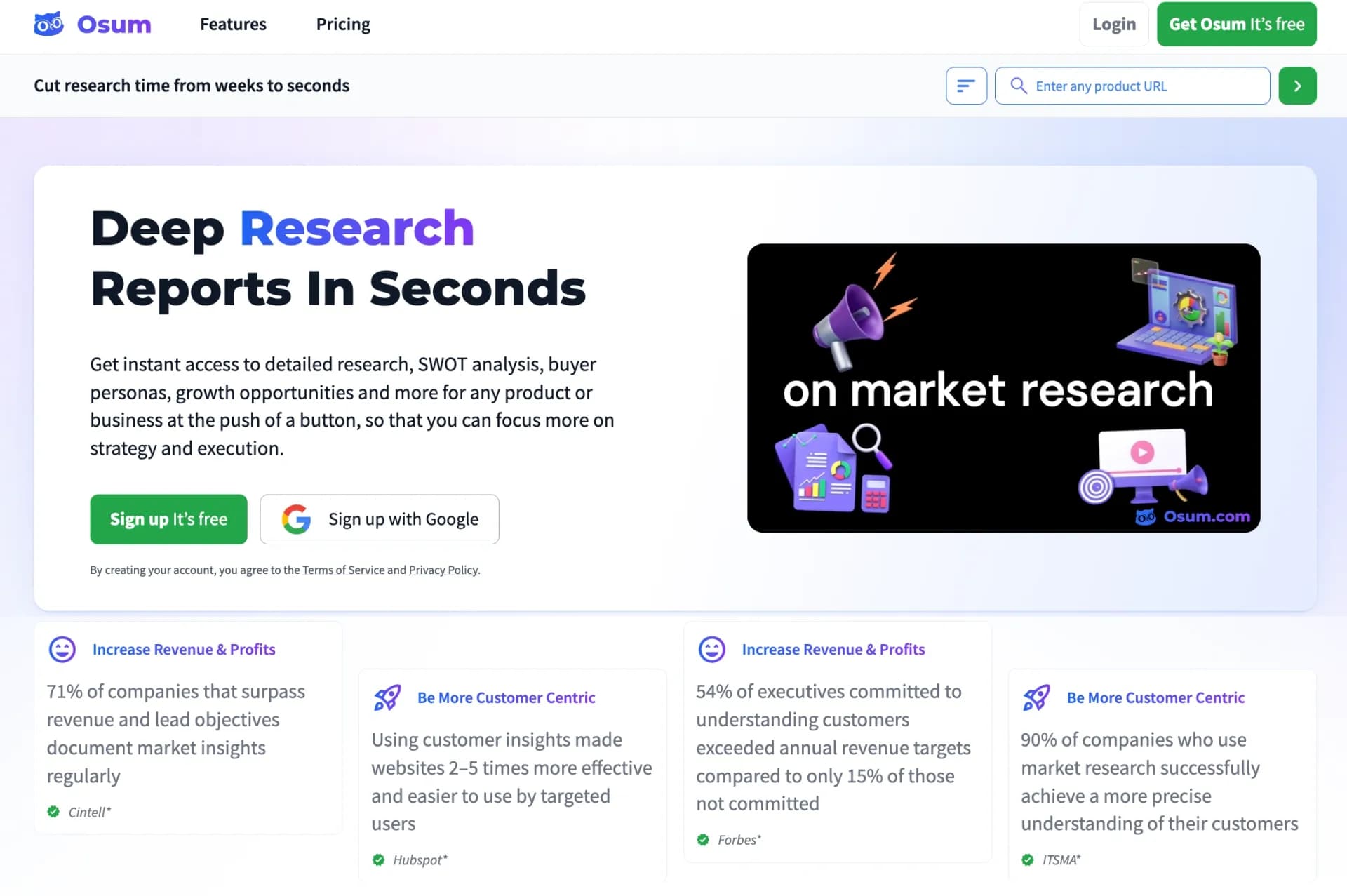 Osum homepage screenshot — Supercharge Your Market Research With AI ⚡