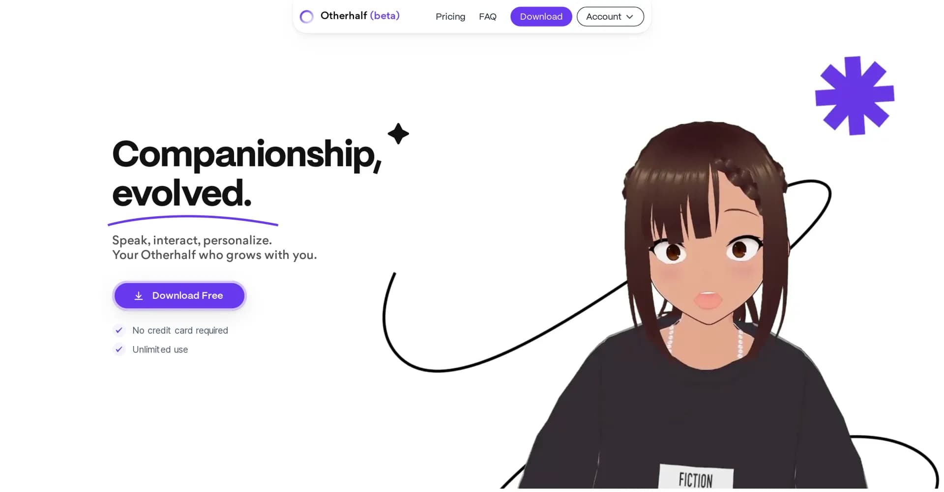 Otherhalf homepage screenshot — Your interactive 3D AI companion that evolves with you.