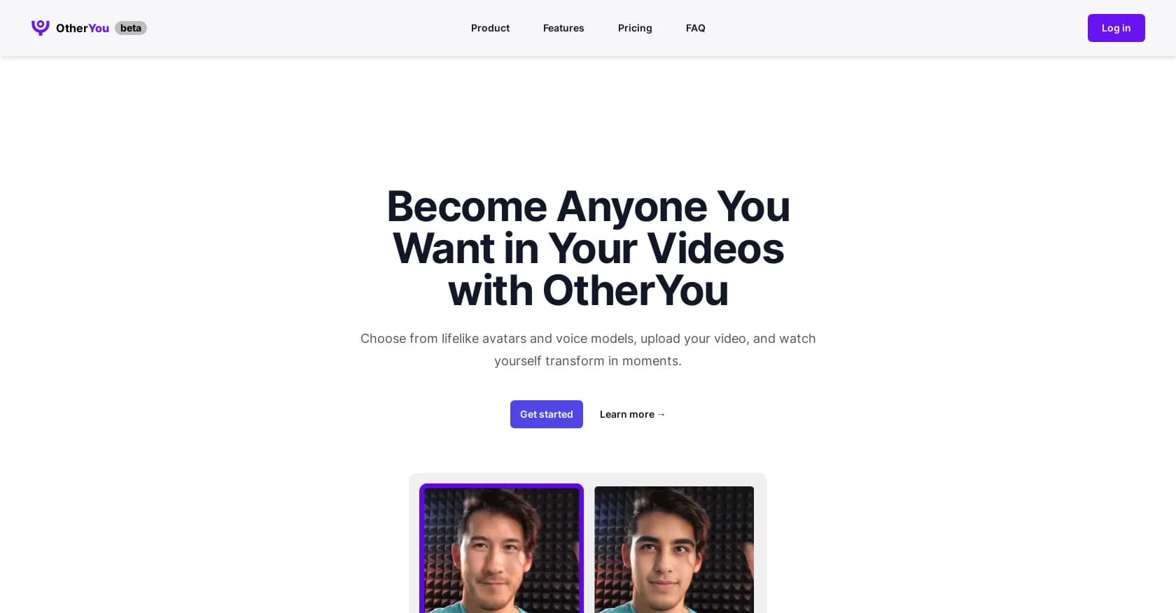 OtherYou homepage screenshot — Transform your identity in videos with AI avatars