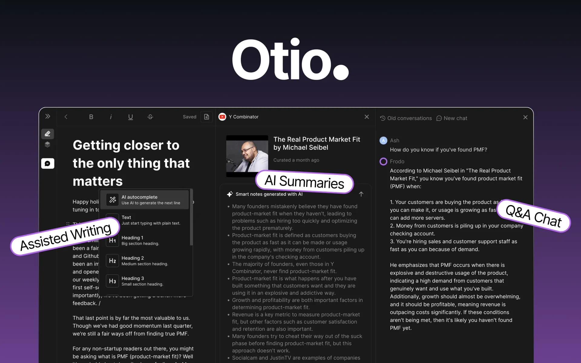 Otio homepage screenshot — Fastest Way To Read & Write - Your Research Focused AI Works