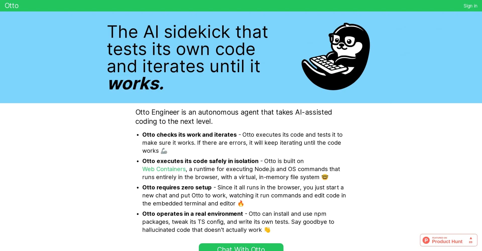 Otto Engineer homepage screenshot — Your autonomous AI software engineer in the browser