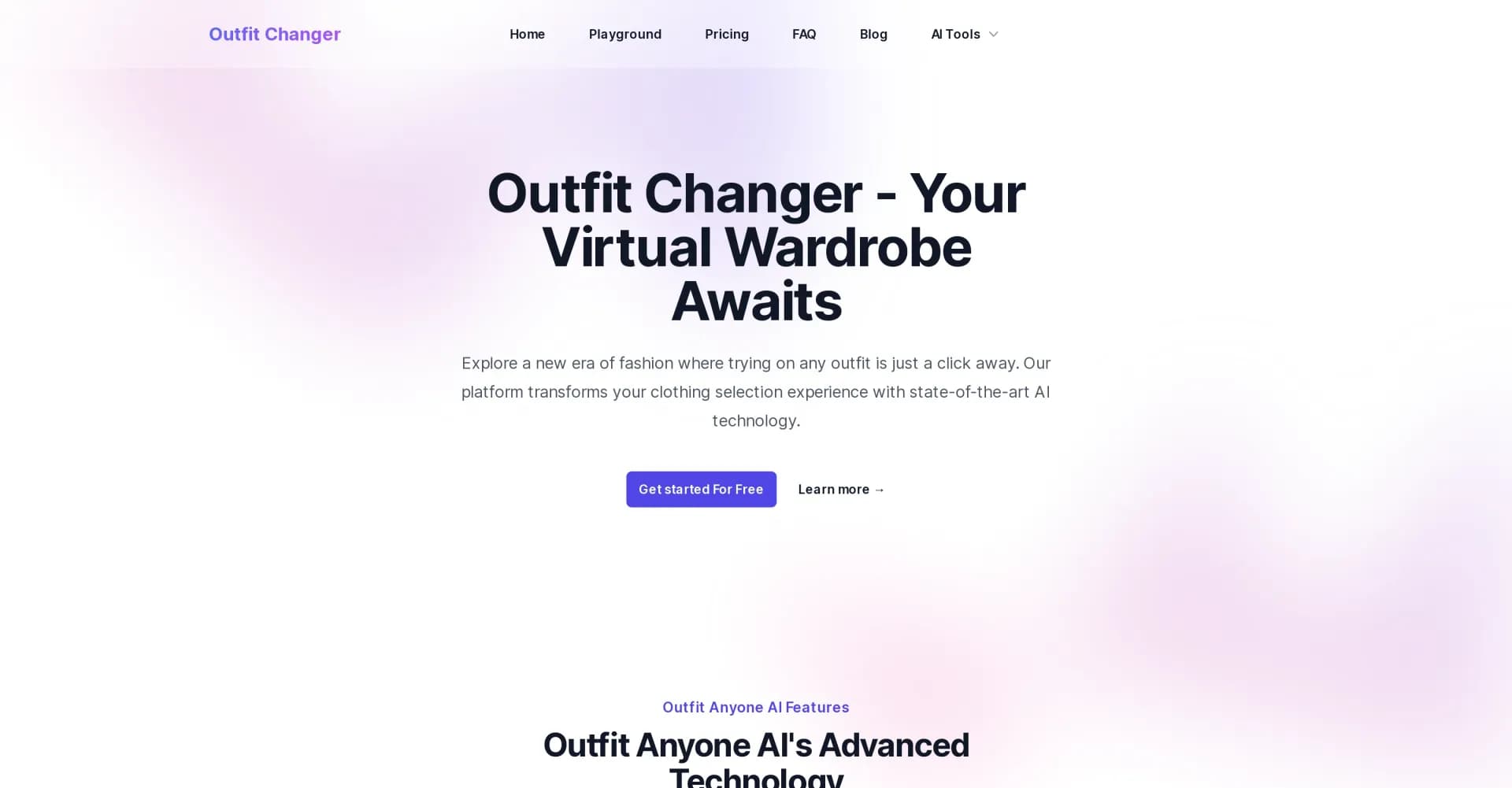 Outfit Anyone AI homepage screenshot — Virtual try-ons for every style and body type.