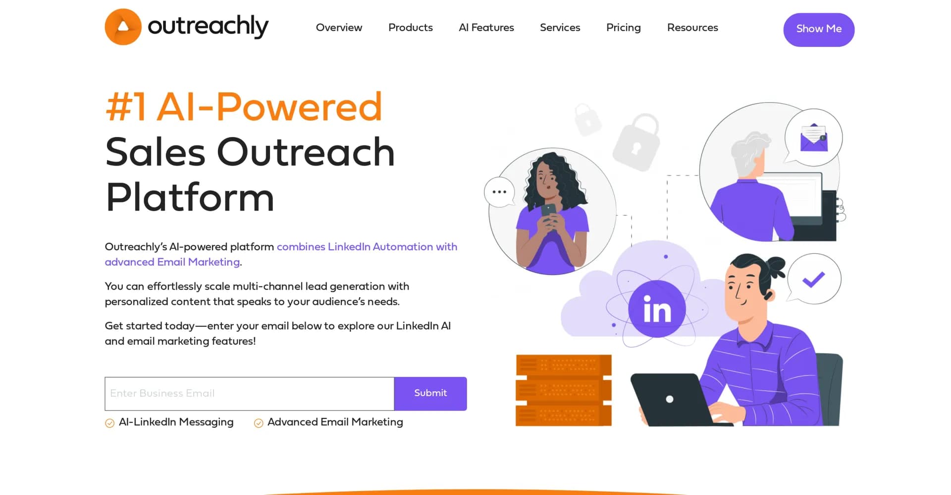 Outreachly homepage screenshot — AI-powered lead generation for LinkedIn & email