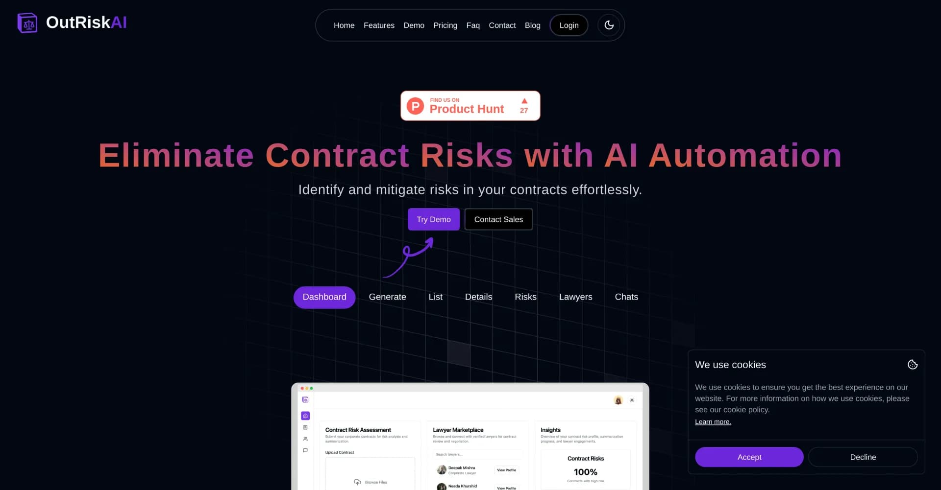 OutRiskAI homepage screenshot — Eliminate contract risks with AI automation