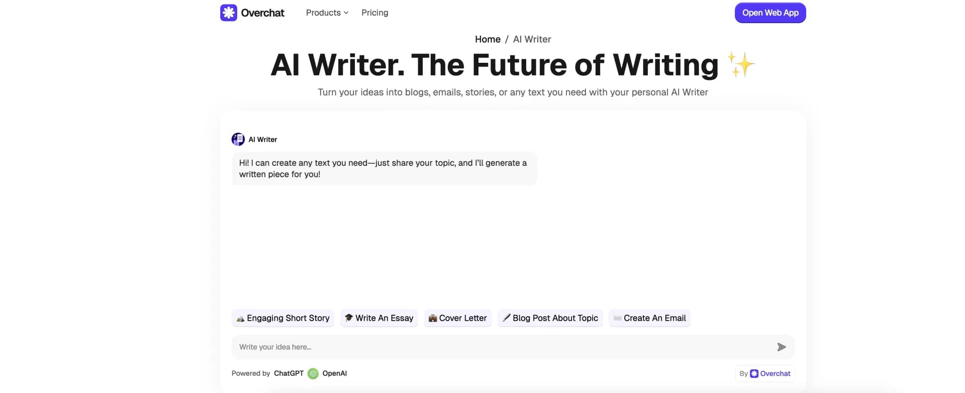 OverChat AI Writer homepage screenshot — Write high-quality content in seconds with AI.