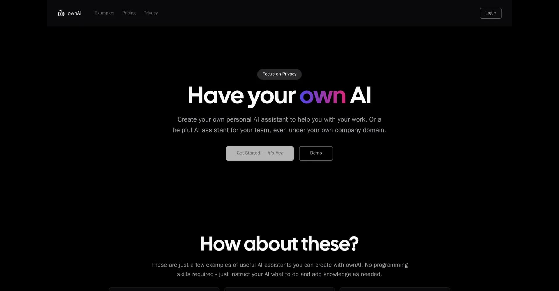 OwnAI homepage screenshot — Create your own personal AI assistant to help you with your 